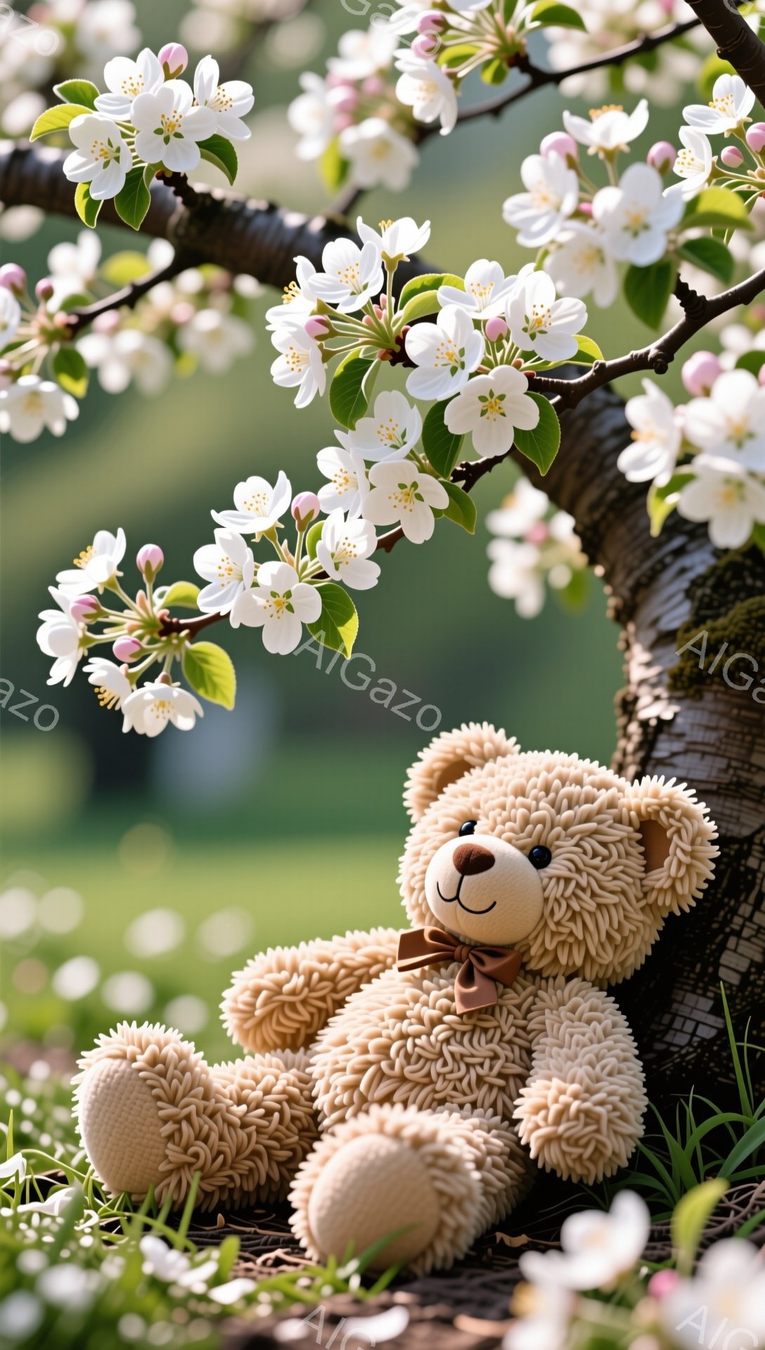 ふわふわのテディベアが木の根元に座っており、ピンク色の花が咲き誇る春の風景を背景にしています。クマは小さな茶色のリボンをつけており、穏やかで優しい雰囲気が漂っています。鮮やかな緑の草と暖かく柔らかな光 - AI生成フリー素材