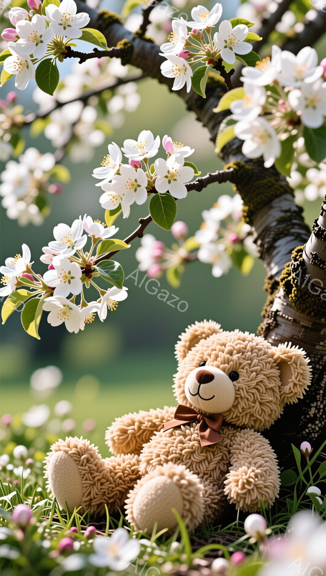 ふわふわのテディベアが木の根元に座っています。周りにはピンクと白の美しい桜の花が咲き乱れ、春の暖かく穏やかな雰囲気が漂っています。テディベアは赤いリボンを首に巻いていて、とても可愛らしいです。 - AI生成フリー素材