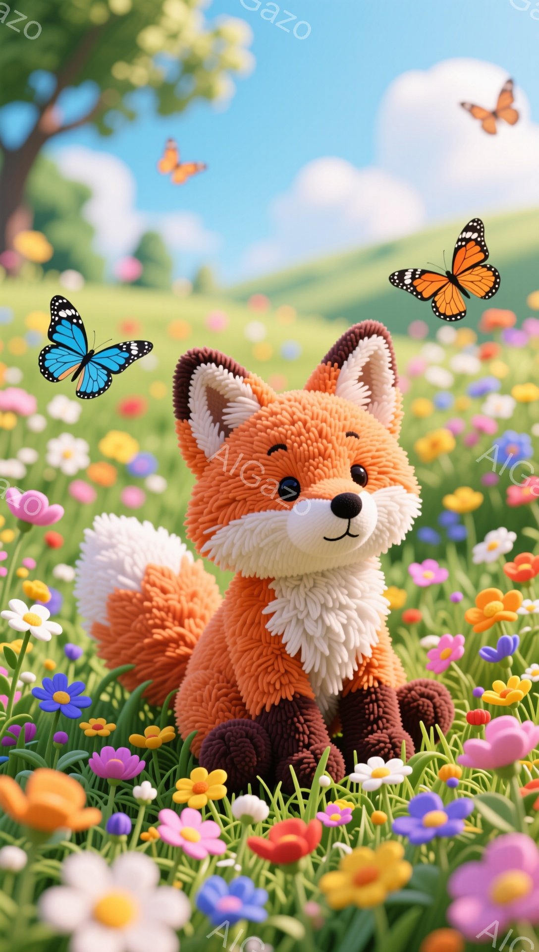 ふわふわの毛並みが特徴的な子ギツネが、色とりどりの花畑に座っています。背景には緑の草原と木々が広がり、蝶が舞い、暖かく穏やかな雰囲気です。子ギツネは好奇心旺盛な表情で、周囲を見渡しているようです。