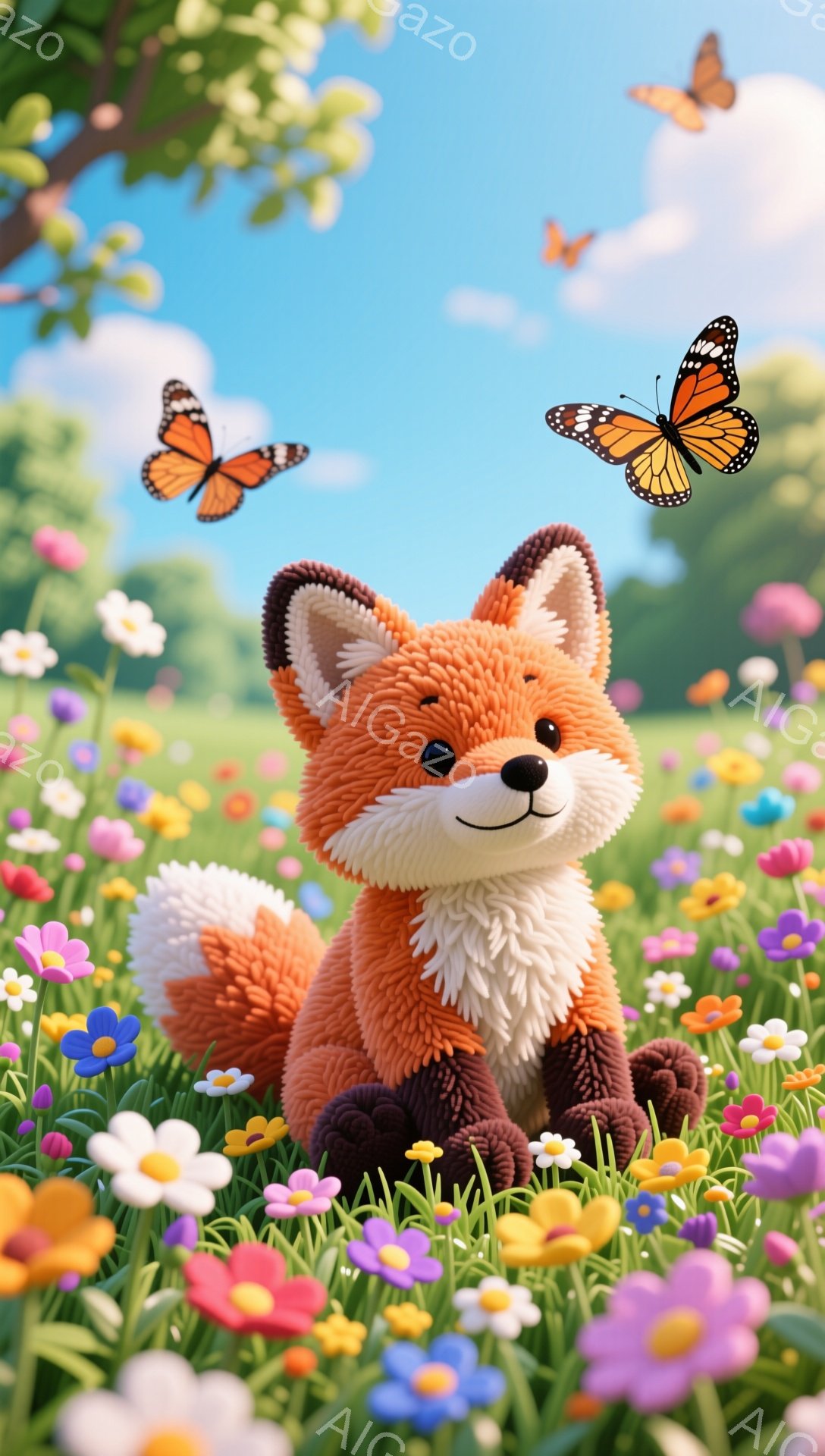 明るい花畑の中に、ふわふわの毛並みの小さなキツネが座っています。周りには蝶が飛び交い、春の穏やかな雰囲気を醸し出しています。キツネは幸せそうに微笑んでおり、可愛らしい姿が印象的です。 - AI生成フリー素材