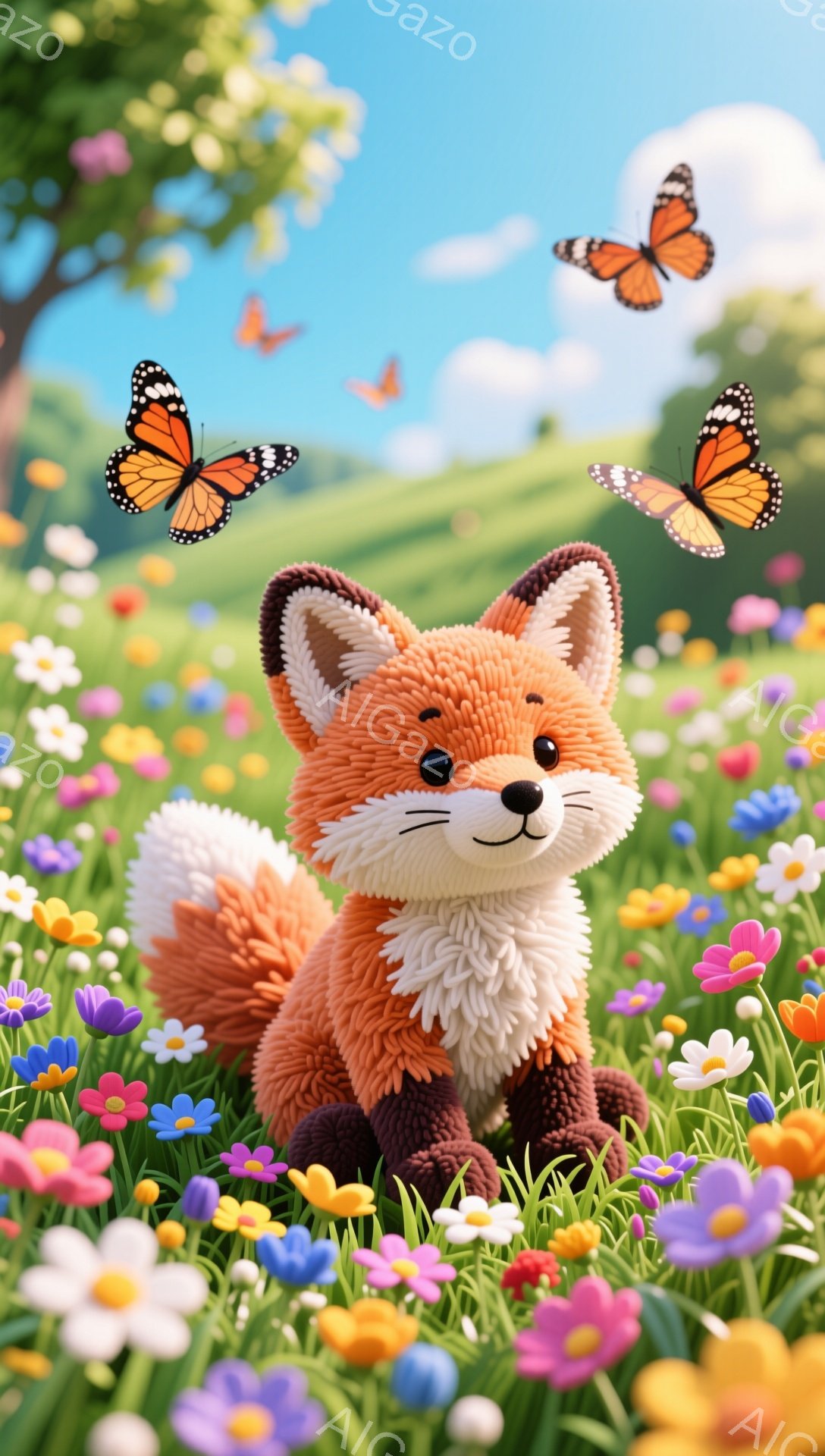 毛むくじゃらのオレンジ色の狐が、色とりどりの花が咲き乱れる草原に座っています。周囲には舞う蝶がおり、柔らかい日差しが降り注ぐ穏やかな雰囲気です。可愛らしい表情と毛並みが特徴的で、暖かい春の情景を表現しています。