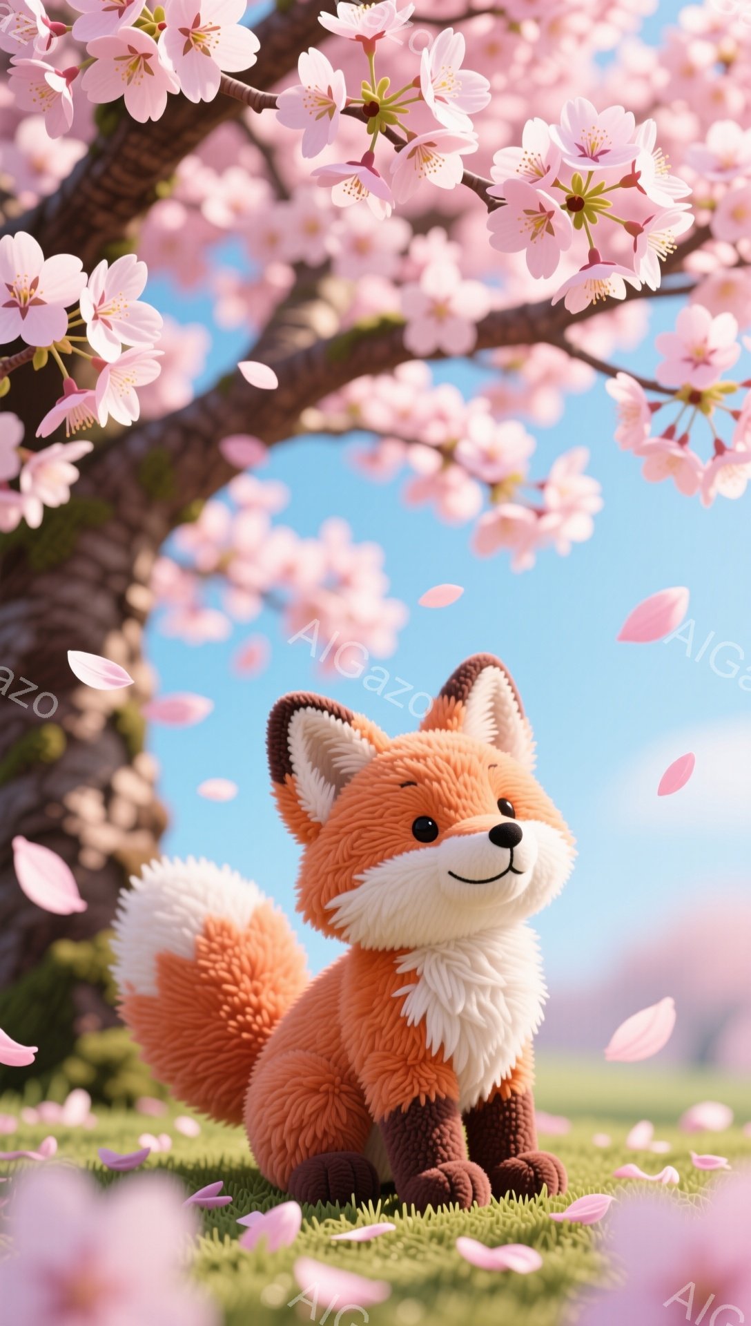 明るい緑の草原に、ふわふわのオレンジ色のキツネが座っています。桜の花びらが舞い散り、春の穏やかな雰囲気が漂っています。キツネは楽しそうに正面を見つめています。 - AI生成フリー素材