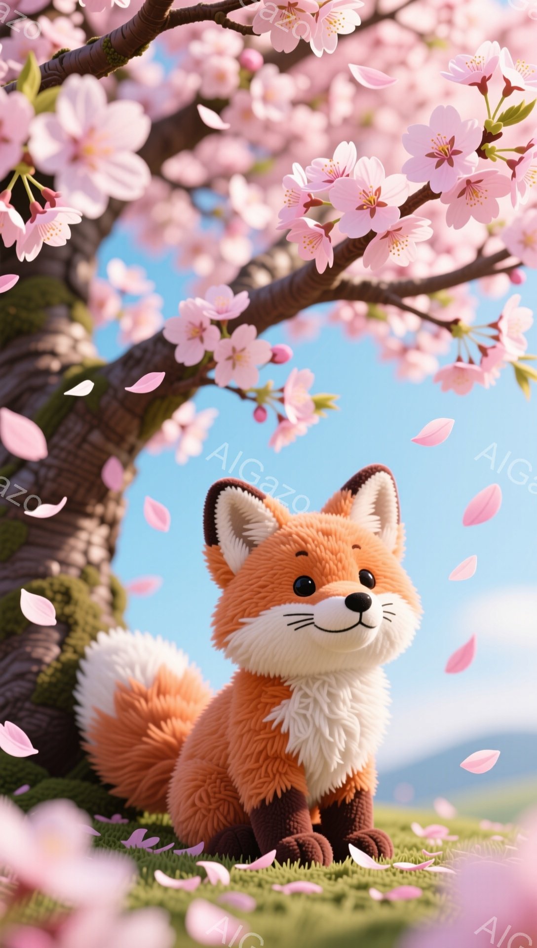 毛並みの良いオレンジ色のキツネが草原に座っています。桜の花びらが舞い散り、春の暖かな雰囲気を醸し出しています。空は青く、背景には山々が望めます。 - AI生成フリー素材