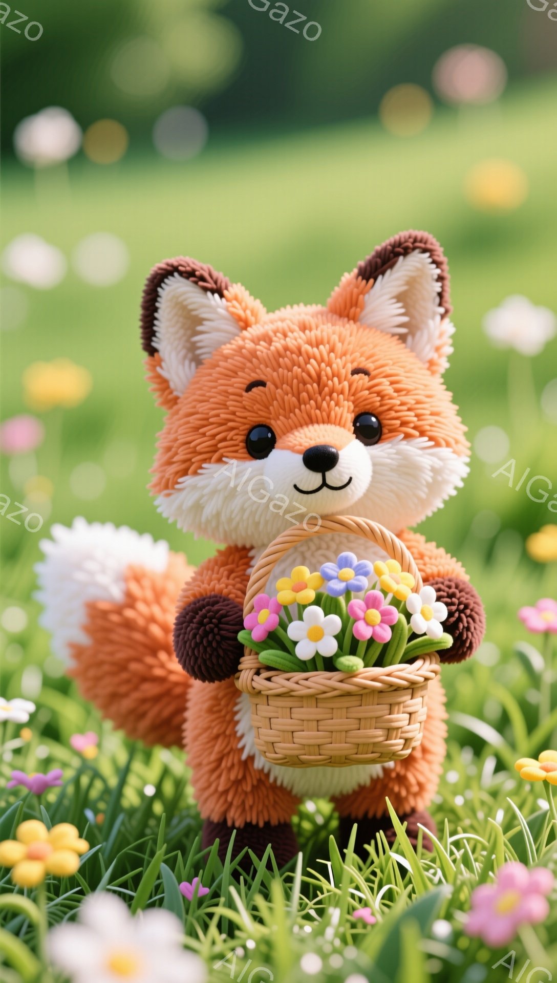 鮮やかな緑の草原に、かわいらしいキツネが立っています。大きな瞳とふっくらとした頬を持ち、片手に小さな花かごを持っています。花かごには、色とりどりの花が活けてあり、春らしい雰囲気を醸し出しています。