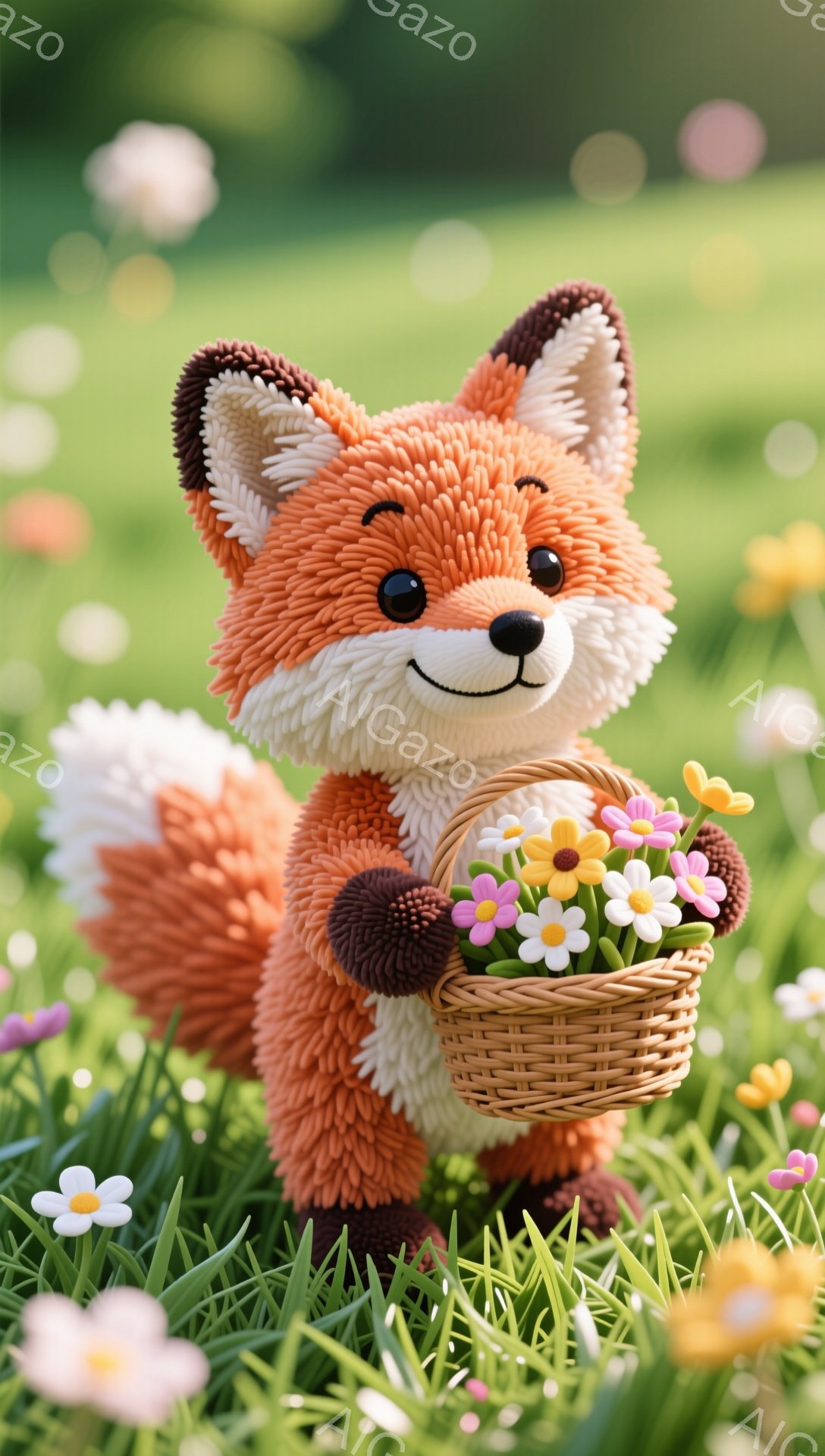 明るい緑の草原に、オレンジ色の毛並みを持つ可愛いキツネが立っている。キツネは花でいっぱいのバスケットを抱え、嬉しそうな表情をしている。背景には、ぼやけた花々が咲き乱れ、春の暖かい雰囲気を醸し出している - AI生成フリー素材