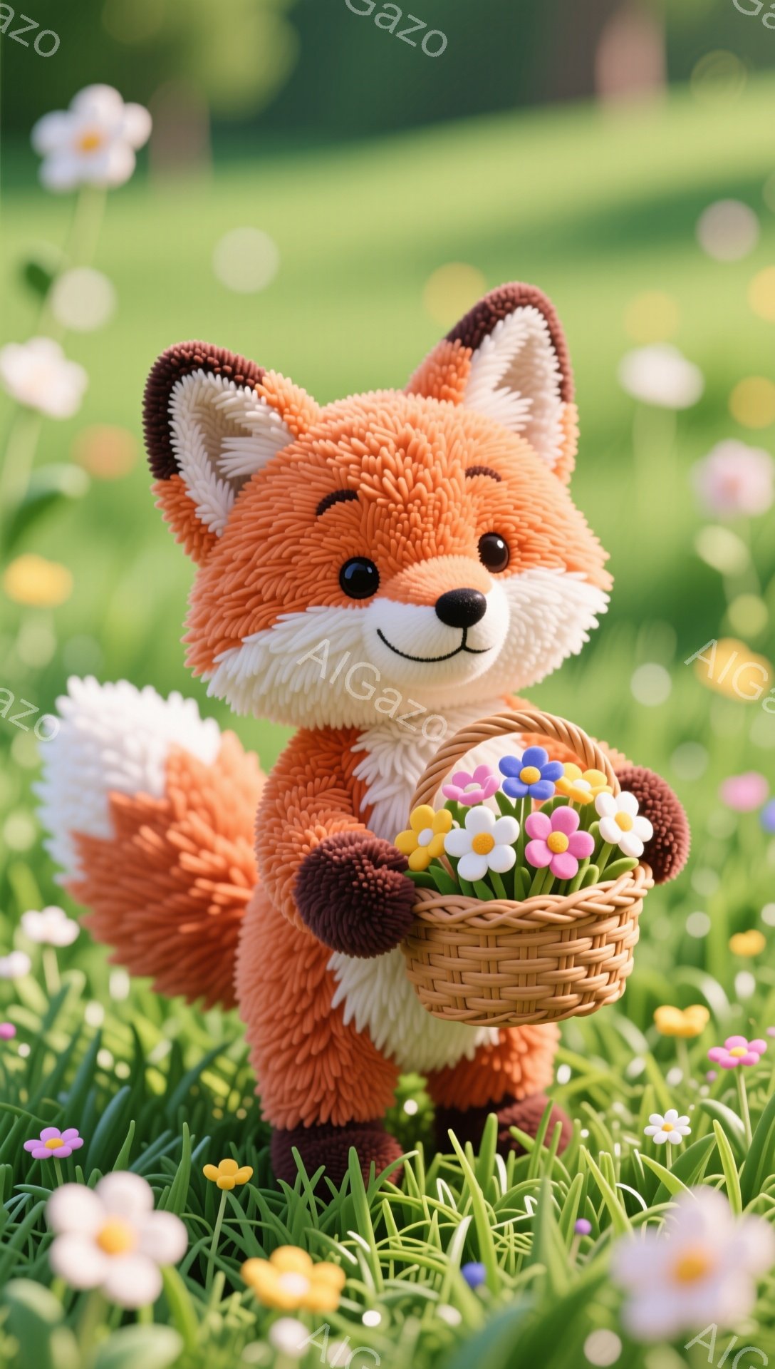 明るい緑の草原で、オレンジ色の毛並みのキツネが花束を抱えています。キツネは愛らしい表情で、ふわふわの尻尾が特徴的です。周りには色とりどりの花が咲き乱れ、温かく優しい雰囲気を醸し出しています。 - AI生成フリー素材