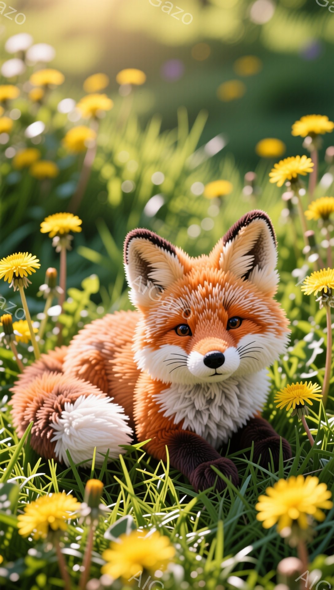 鮮やかな緑の草原に、毛並みの美しいキツネが横たわっています。タンポポが咲き乱れる中で、リラックスした様子で穏やかな時間が流れています。暖かく柔らかな光がキツネを照らし、春の穏やかな雰囲気を演出しています。