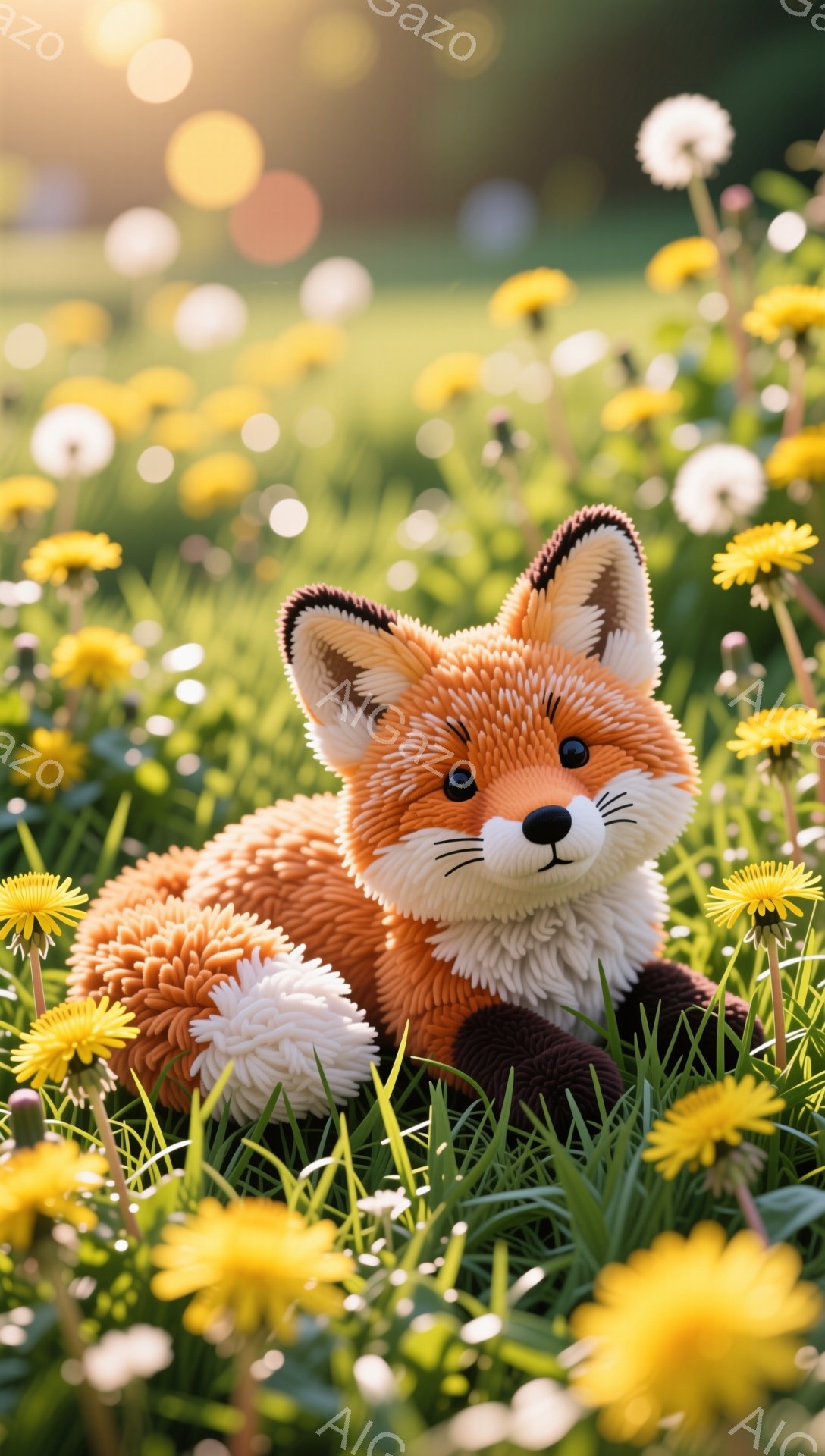 美しいキツネがタンポポがたくさん咲いている草原に横たわっています。キツネはオレンジ色の毛並みで、ふわふわとした白い胸元が特徴的です。背景は緑豊かで、暖かく穏やかな雰囲気が漂っています。 - AI生成フリー素材
