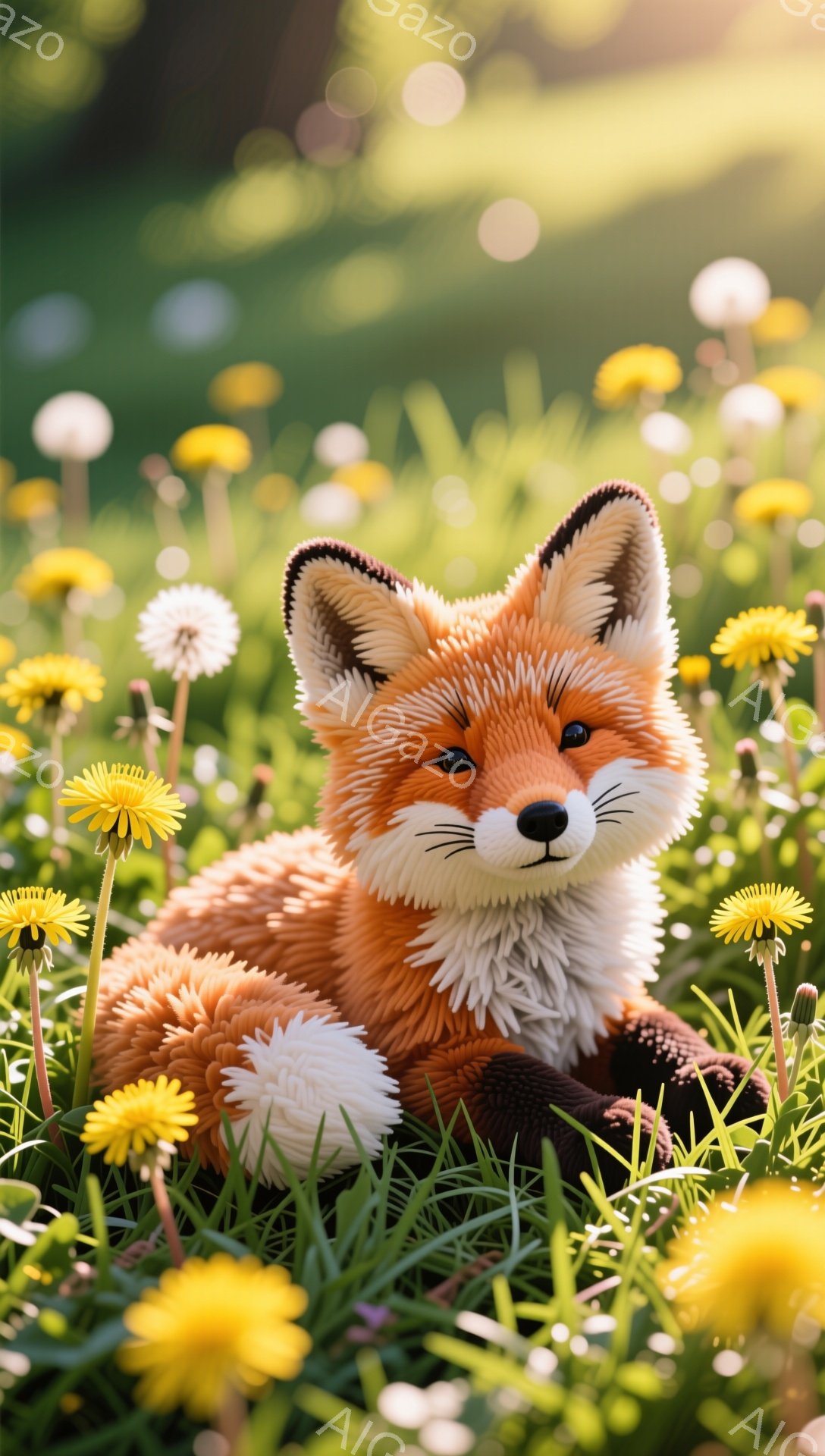 鮮やかな緑の草地に、毛並みの美しいキツネがひっそりと横たわっています。周囲にはタンポポが咲き乱れ、柔らかな光が全体を包み込んでいます。キツネは穏やかな表情で、春の陽気な雰囲気を醸し出しています。
