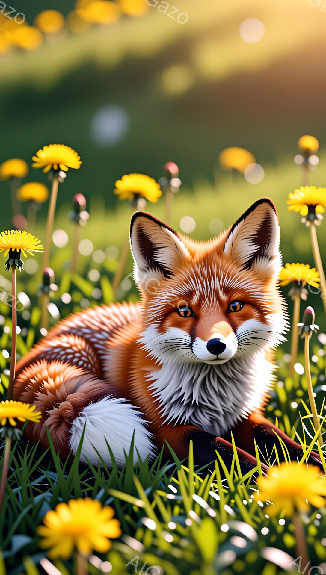 草原の中に横たわる美しい狐が描かれています。鮮やかなオレンジ色の毛並みと白い胸元が印象的で、優雅で穏やかな雰囲気を醸し出しています。背景にはタンポポが咲き乱れ、春の暖かさを感じさせます。
