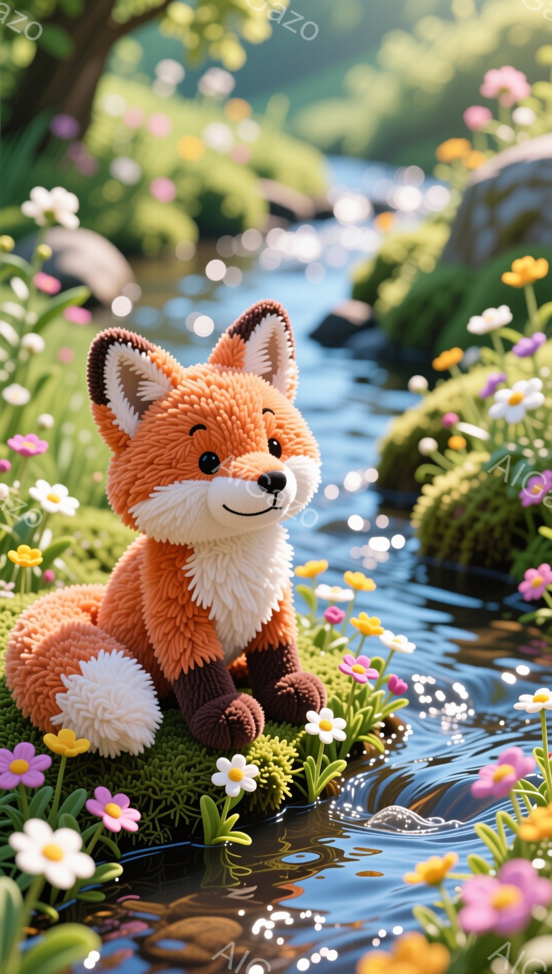 鮮やかな花々に囲まれた、ふわふわの毛並みのキツネが可愛らしく座っています。毛糸で作られたような独特の質感で、穏やかで優しい雰囲気を醸し出しています。背景には緑豊かな自然と澄んだ水面が広がり、平和な情景が広がっています。