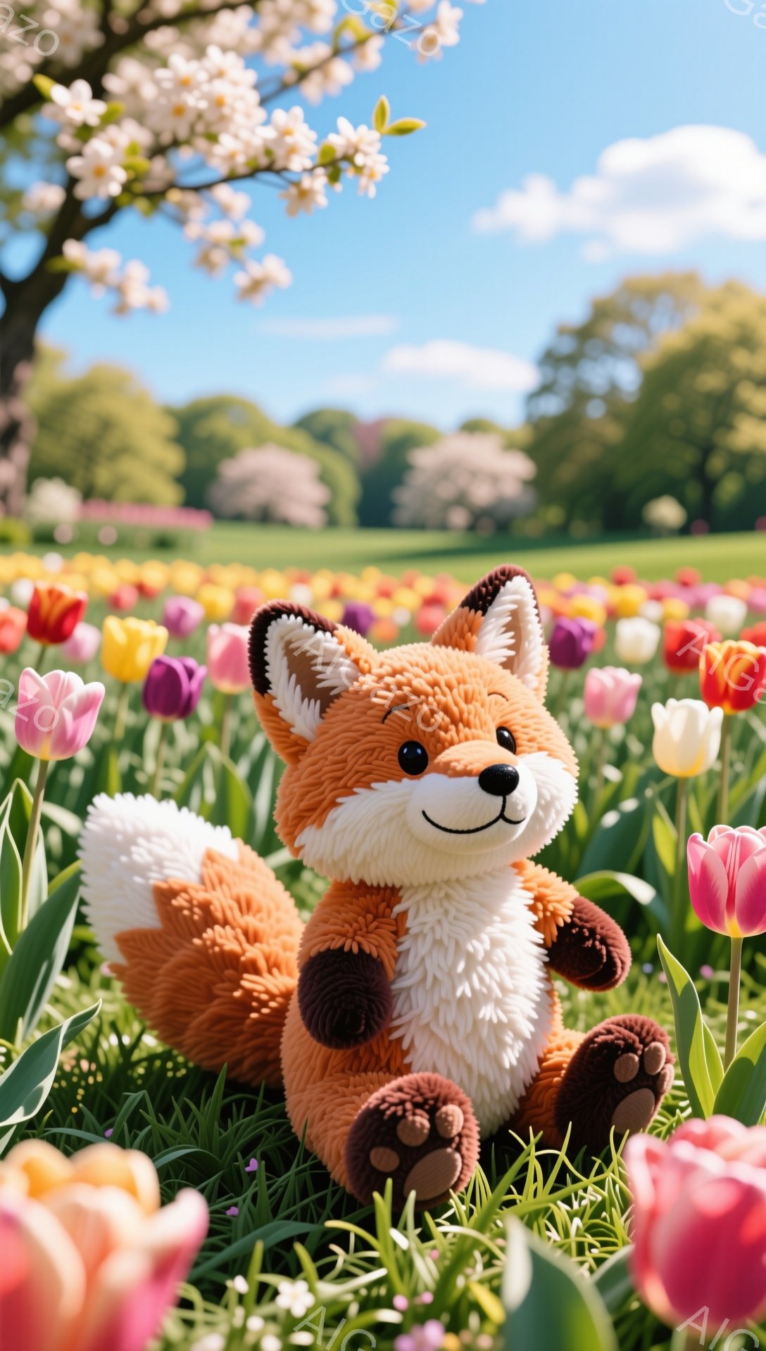 鮮やかなチューリップ畑に座る、ふわふわのオレンジ色のキツネのぬいぐるみです。キツネは前足を広げ、正面を見つめ、優しい笑顔を浮かべています。背景には緑の芝生と、桜が咲き誇る木々が見え、春の穏やかな雰囲気 - AI生成フリー素材