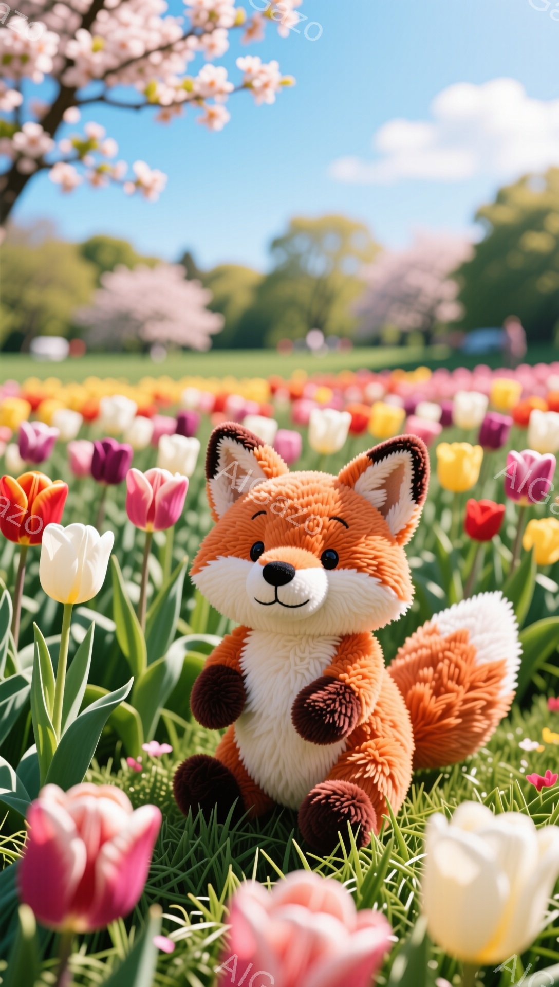 色とりどりのチューリップ畑に、愛らしいキツネのぬいぐるみがお座りしています。キツネはオレンジ色の毛並みで、ふっくらとした体型に大きな瞳が特徴的です。背景には桜の木がぼんやりと見え、春の暖かな雰囲気が漂っています。
