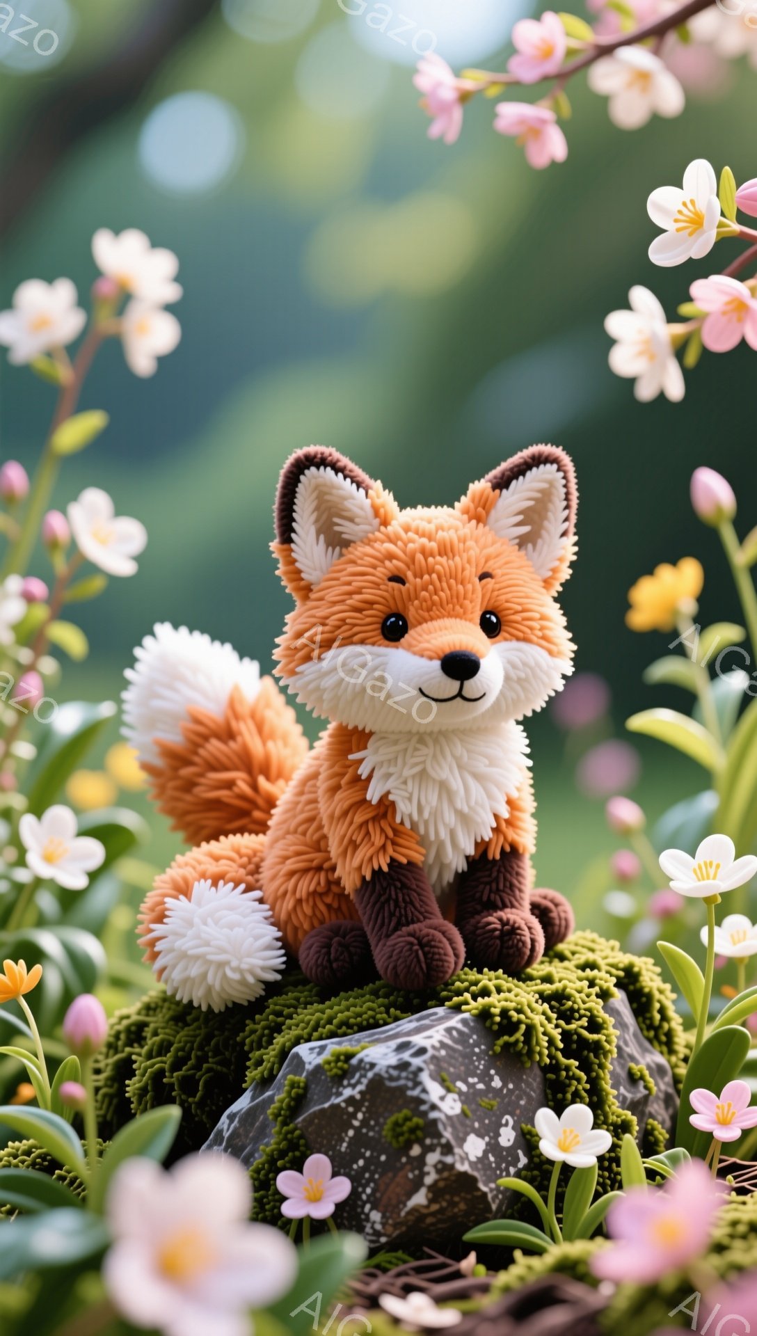 鮮やかなオレンジ色のキツネが緑の苔むした岩の上に座っています。周りにはピンクと黄色の花が咲き乱れ、春の穏やかな雰囲気を醸し出しています。キツネは丸い目と微笑みを浮かべ、可愛らしい姿を見せています。