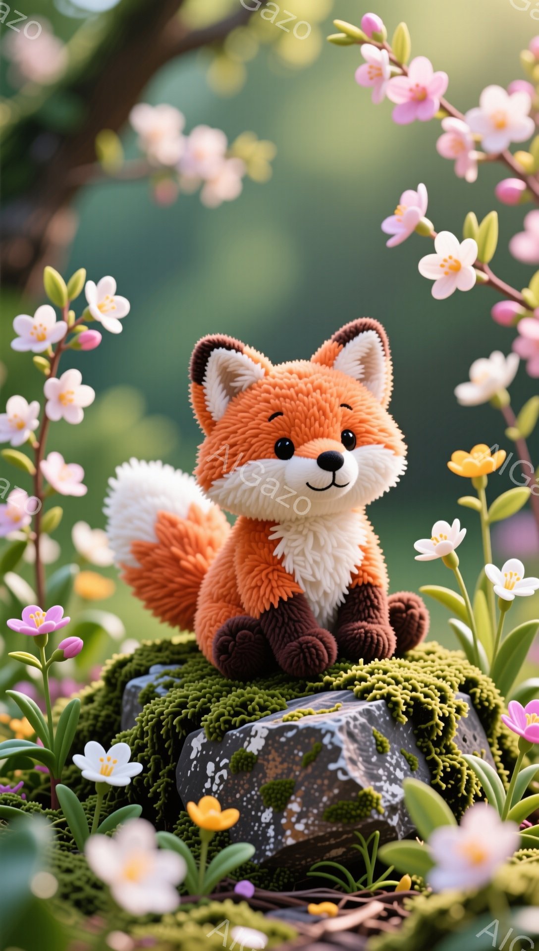 鮮やかなオレンジ色のキツネが苔むした岩の上に座っています。周りにはピンクと黄色の花が咲き乱れ、春の暖かさを感じさせる背景です。キツネは愛らしい表情で、まるで絵本から飛び出してきたようです。
