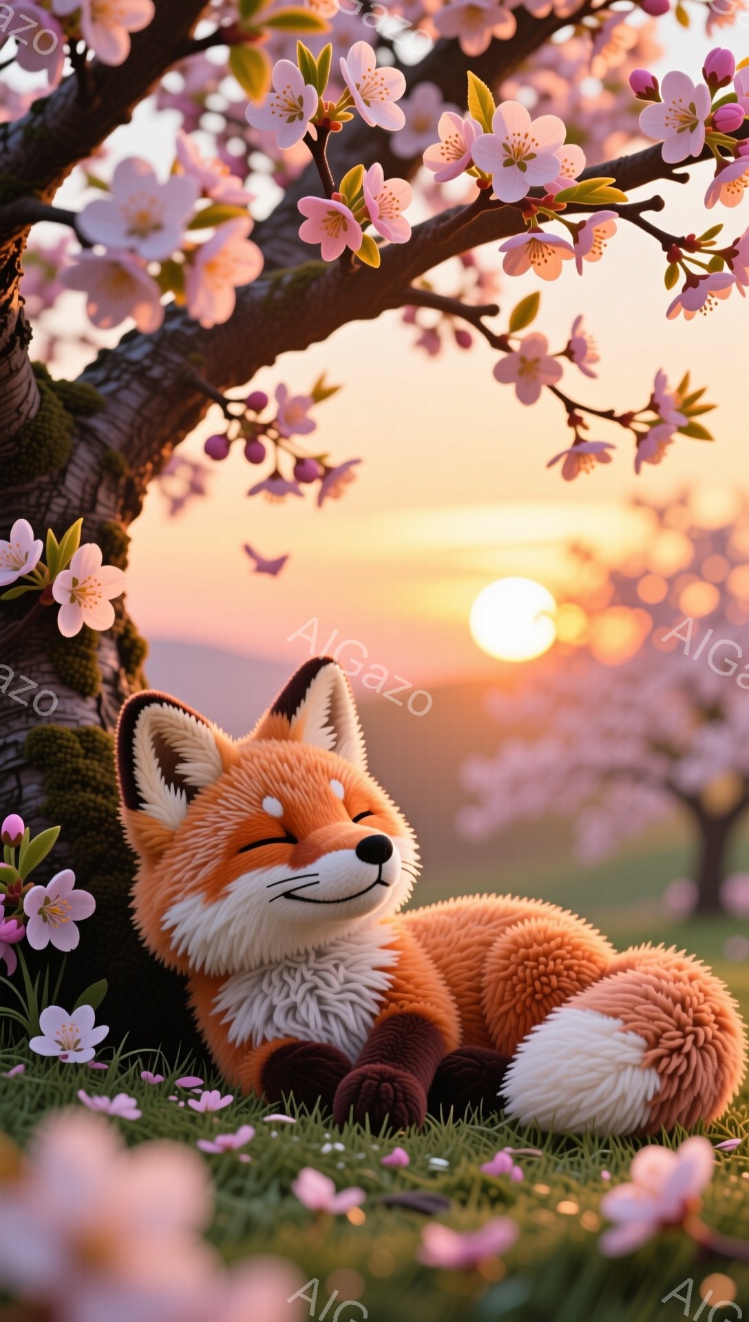 明るい日差しの中で、毛並みの美しい狐が桜の木の下で安らかに横たわっています。ピンク色の桜の花びらが舞い、暖かい春の雰囲気が漂います。その表情は穏やかで、平和なひとときを表現しています。