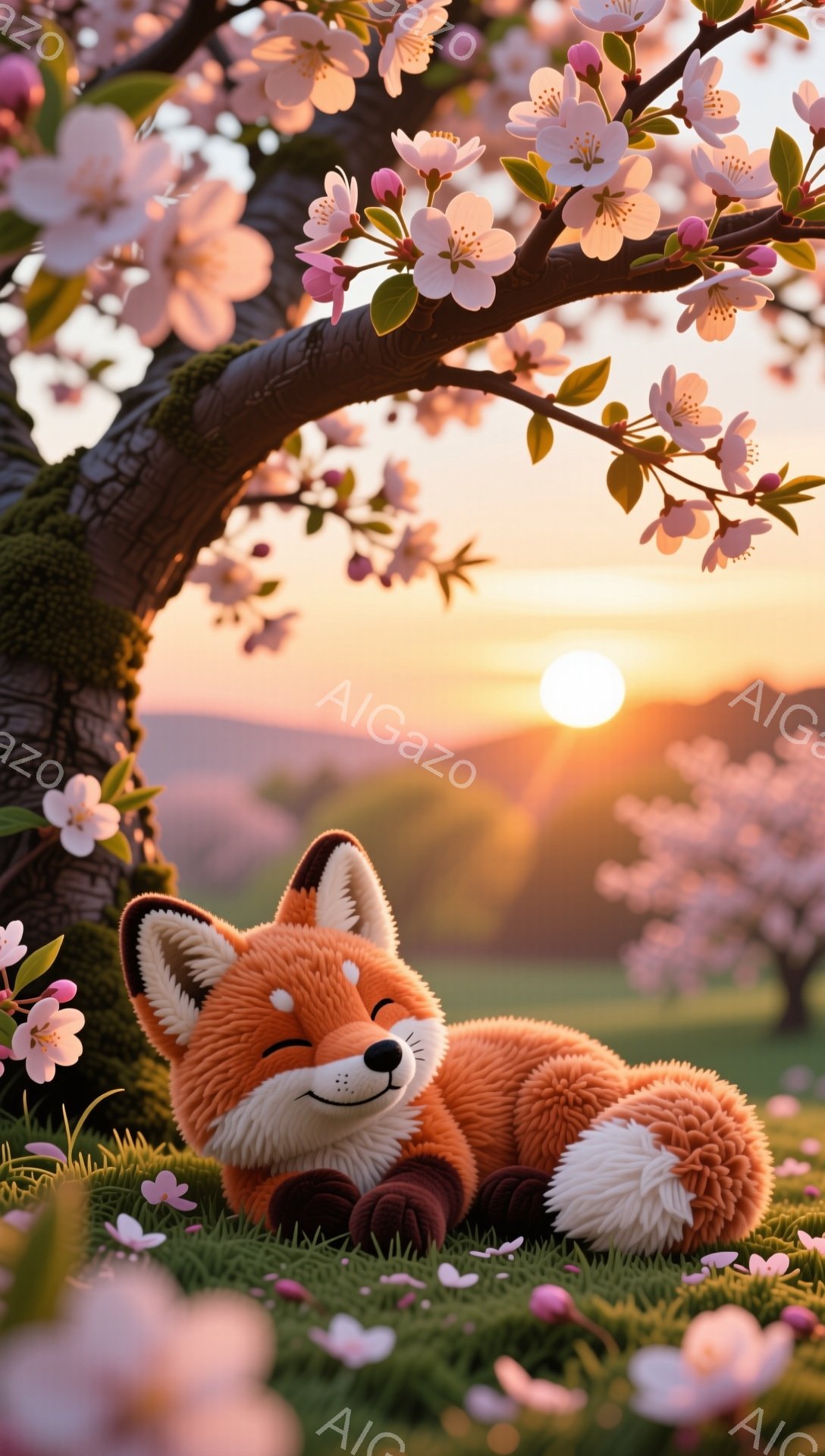 穏やかな夕暮れに、草原で丸まって眠る愛らしいキツネが描かれています。ピンク色の桜の花びらが舞い散り、周囲を優しく彩っています。背景には柔らかなオレンジ色の夕焼けが広がり、幻想的な雰囲気を醸し出しています。