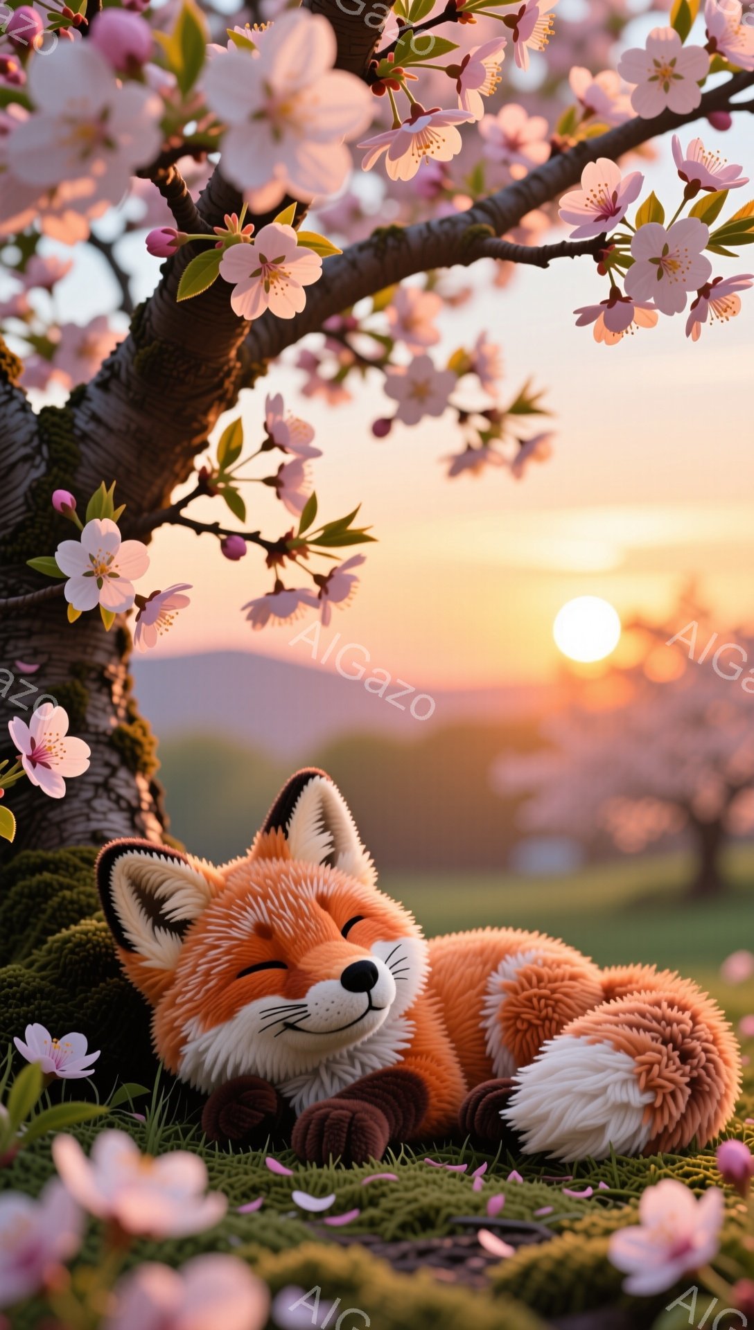 明るい夕焼けを背景に、桜の木の下で眠るオレンジ色のキツネが描かれています。キツネはリラックスした姿勢で、緑の草の上に横たわり、穏やかな雰囲気を醸し出しています。ピンク色の桜の花びらが舞い散り、春の暖かさを感じさせます。