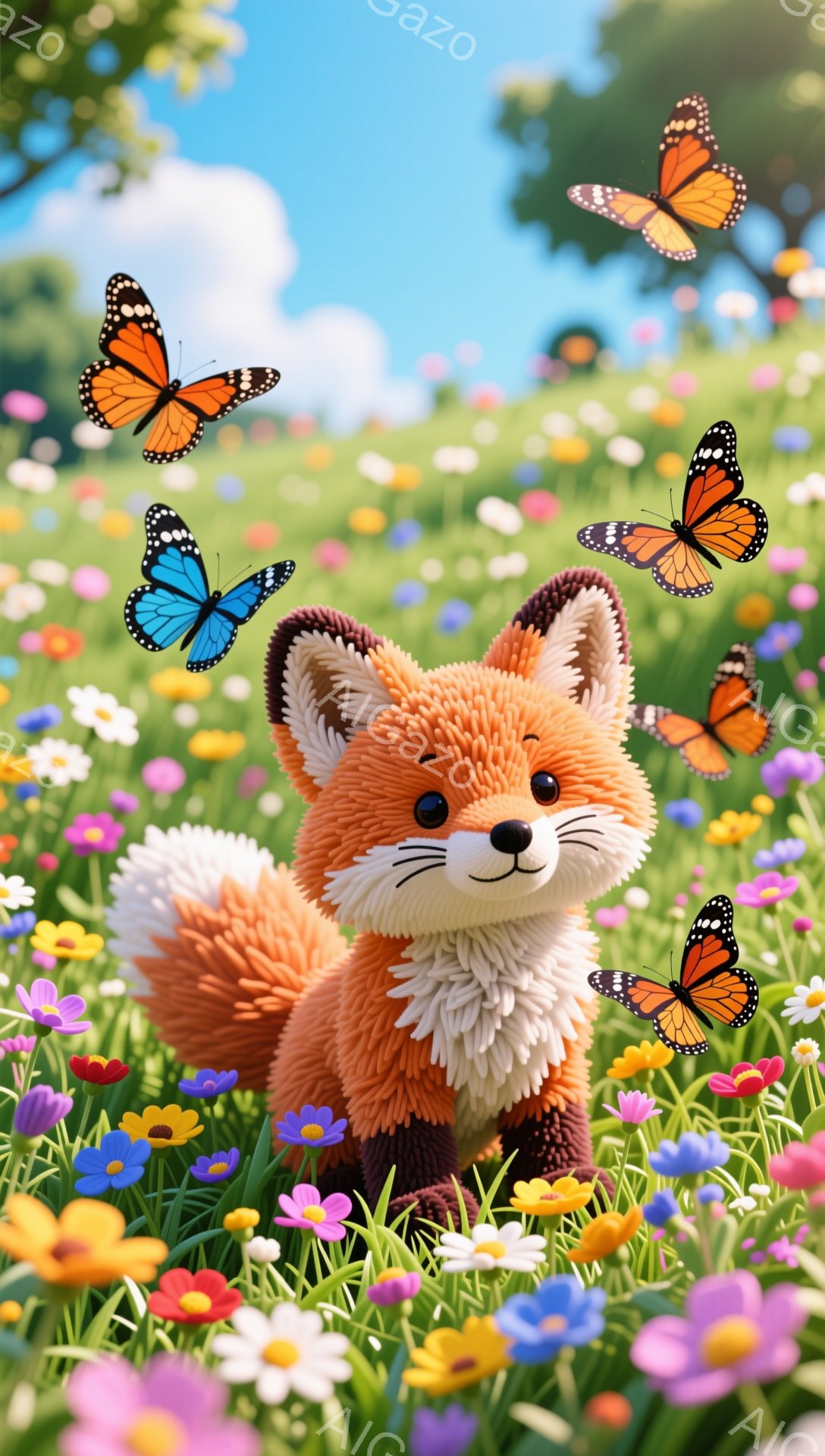 明るい花畑に、ふわふわのオレンジ色のキツネが立っています。周りには色とりどりの蝶が舞い、平和で優しい雰囲気が漂っています。キツネは微笑んでおり、幸せな瞬間が切り取られています。