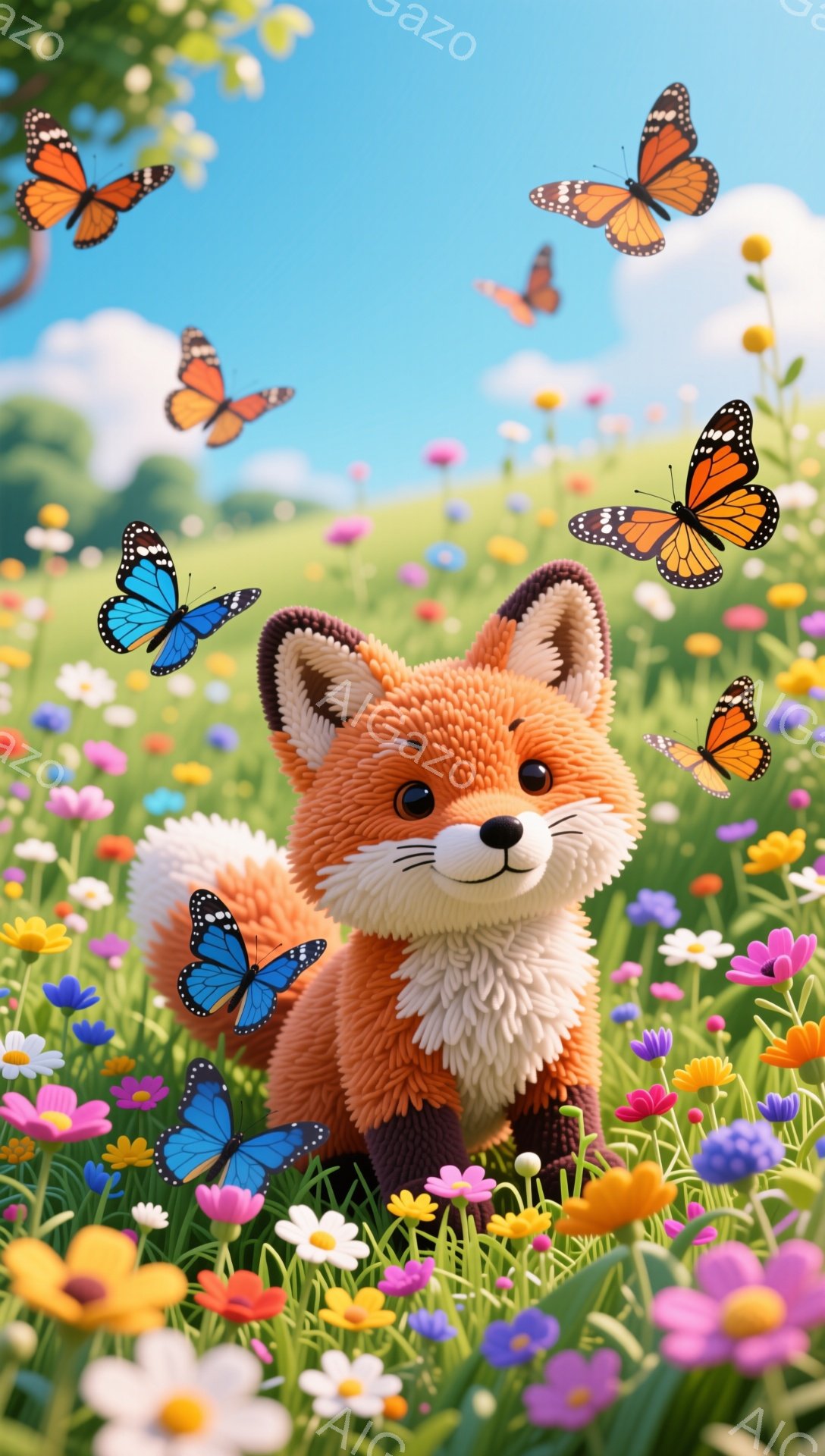 明るい花畑の中に、ふわふわの毛並みをした小さな狐が立っています。周りには色とりどりの蝶が舞い、春らしい暖かく穏やかな雰囲気を醸し出しています。鮮やかな色彩と可愛らしい狐の組み合わせが、見る人を魅了します。