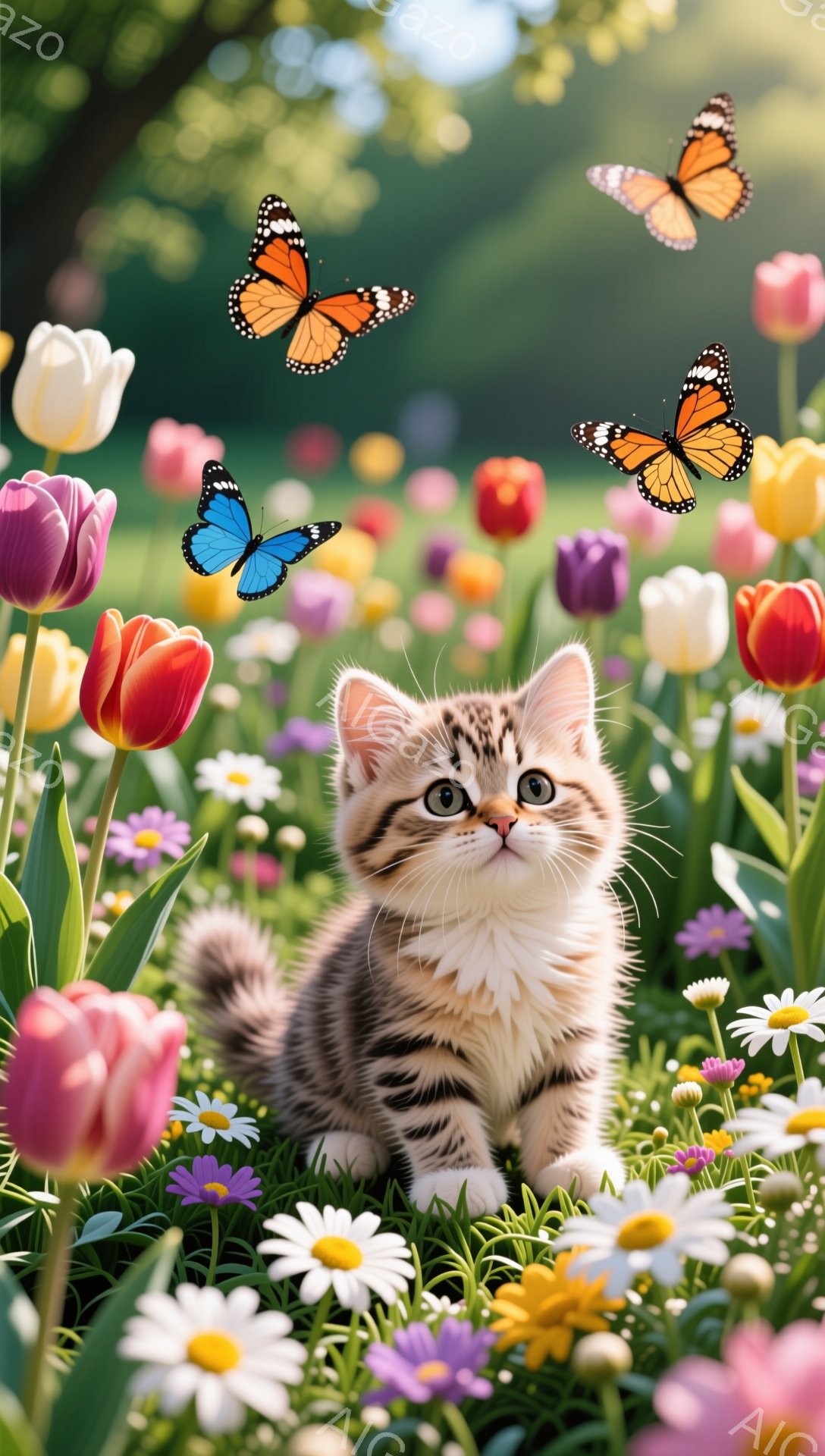 可愛い子猫が花畑の中で座っています。周りには色とりどりの蝶が舞い、春らしい穏やかな雰囲気が漂っています。子猫の毛並みや花の鮮やかな色が印象的です。