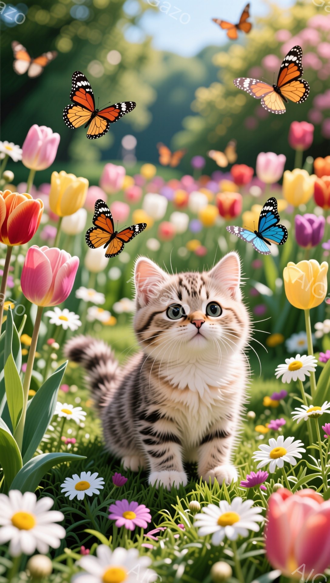 小さな子猫が花畑の中で座っています。緑の草とカラフルなチューリップやデイジーに囲まれ、周囲には蝶が舞っています。優しい光が降り注ぎ、暖かく平和な雰囲気を醸し出しています。