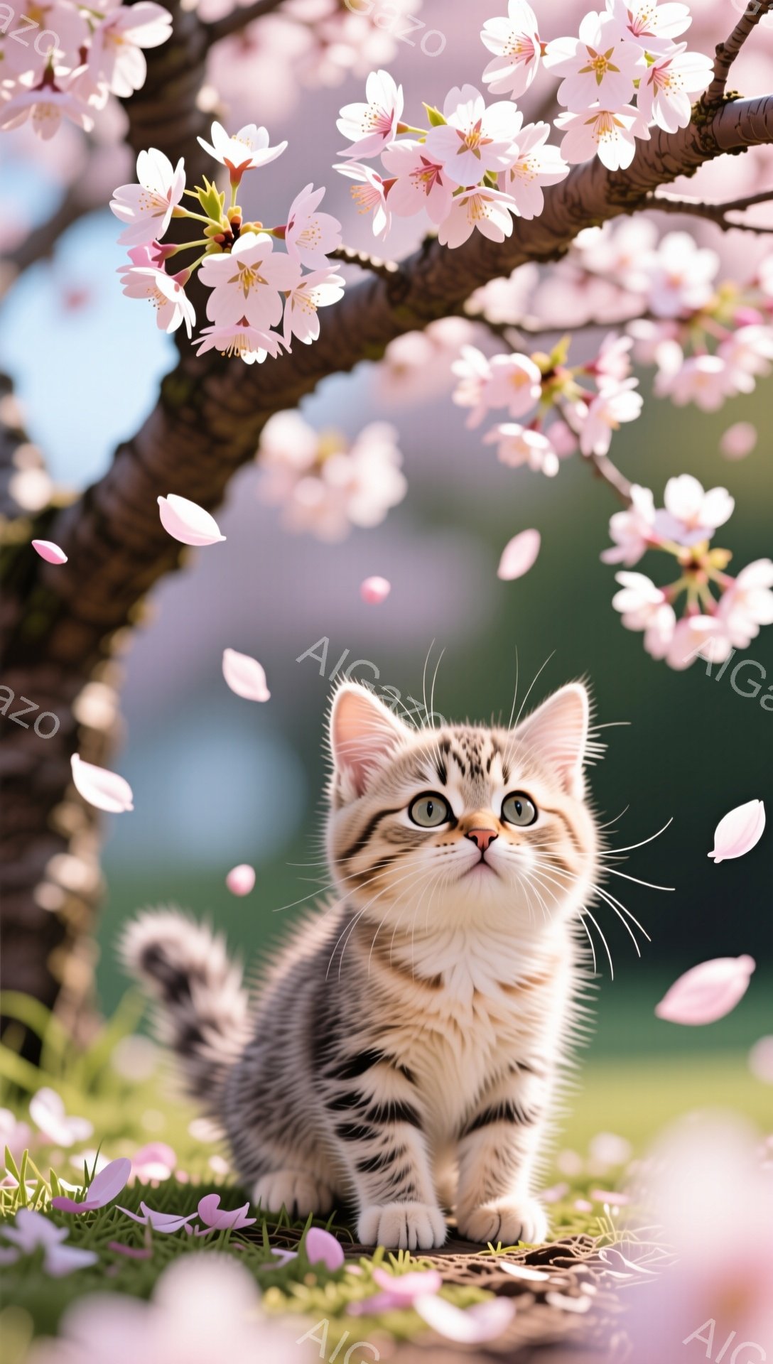 桜の木の下で、子猫が座ってこちらを見ています。背景にはピンク色の桜の花びらが舞い、春らしい穏やかな雰囲気が漂っています。子猫は縞模様で可愛らしい表情をしています。 - AI生成フリー素材