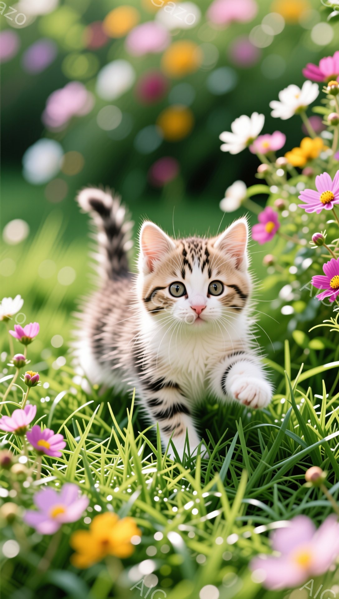 縞模様の小さな子猫が、草と花の間を元気に歩いています。子猫は前足を伸ばし、遊び心に満ちた表情で、こちらを見つめています。背景にはぼやけた花が咲き乱れ、春の陽気な雰囲気を醸し出しています。