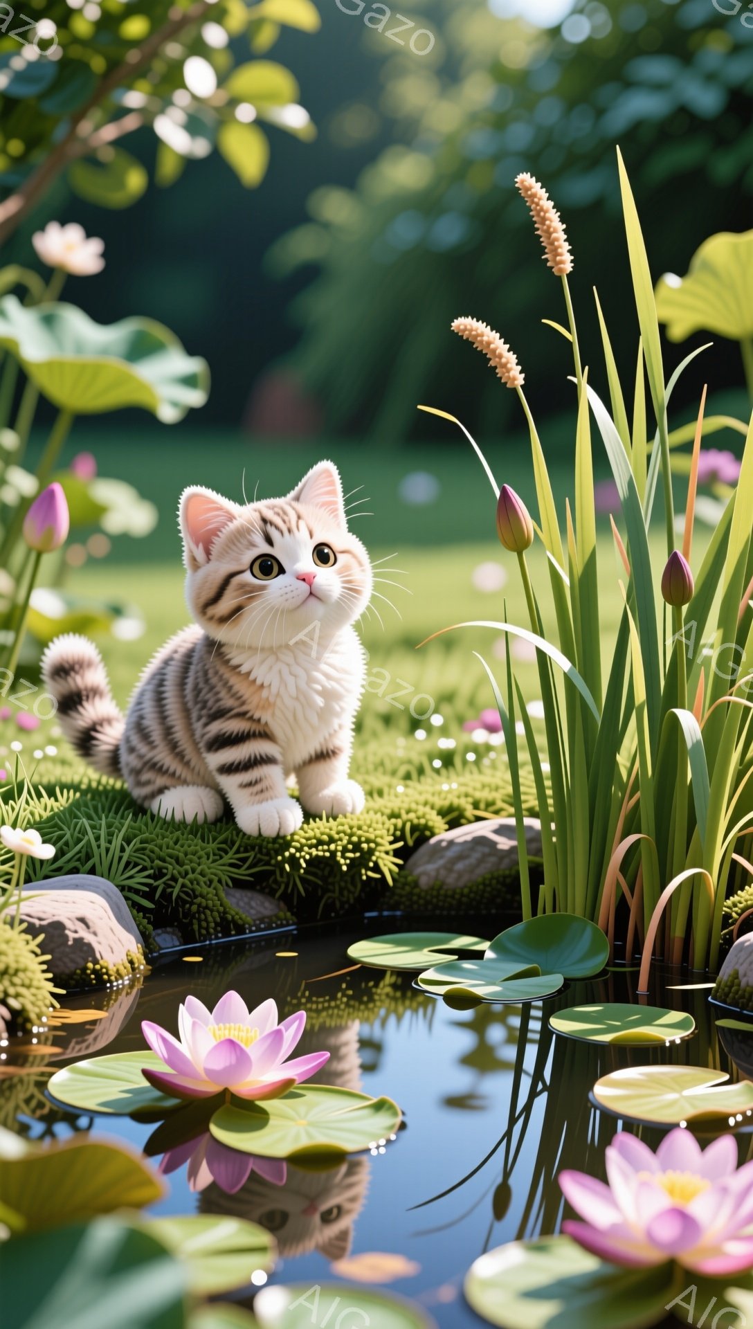 明るい日差しの下、水辺に佇む縞模様の猫が描かれています。猫は好奇心旺盛な表情で何かを見つめており、周囲にはピンク色の睡蓮の花が咲き乱れています。水面には花と猫の姿が映り込み、穏やかな雰囲気を醸し出して - AI生成フリー素材