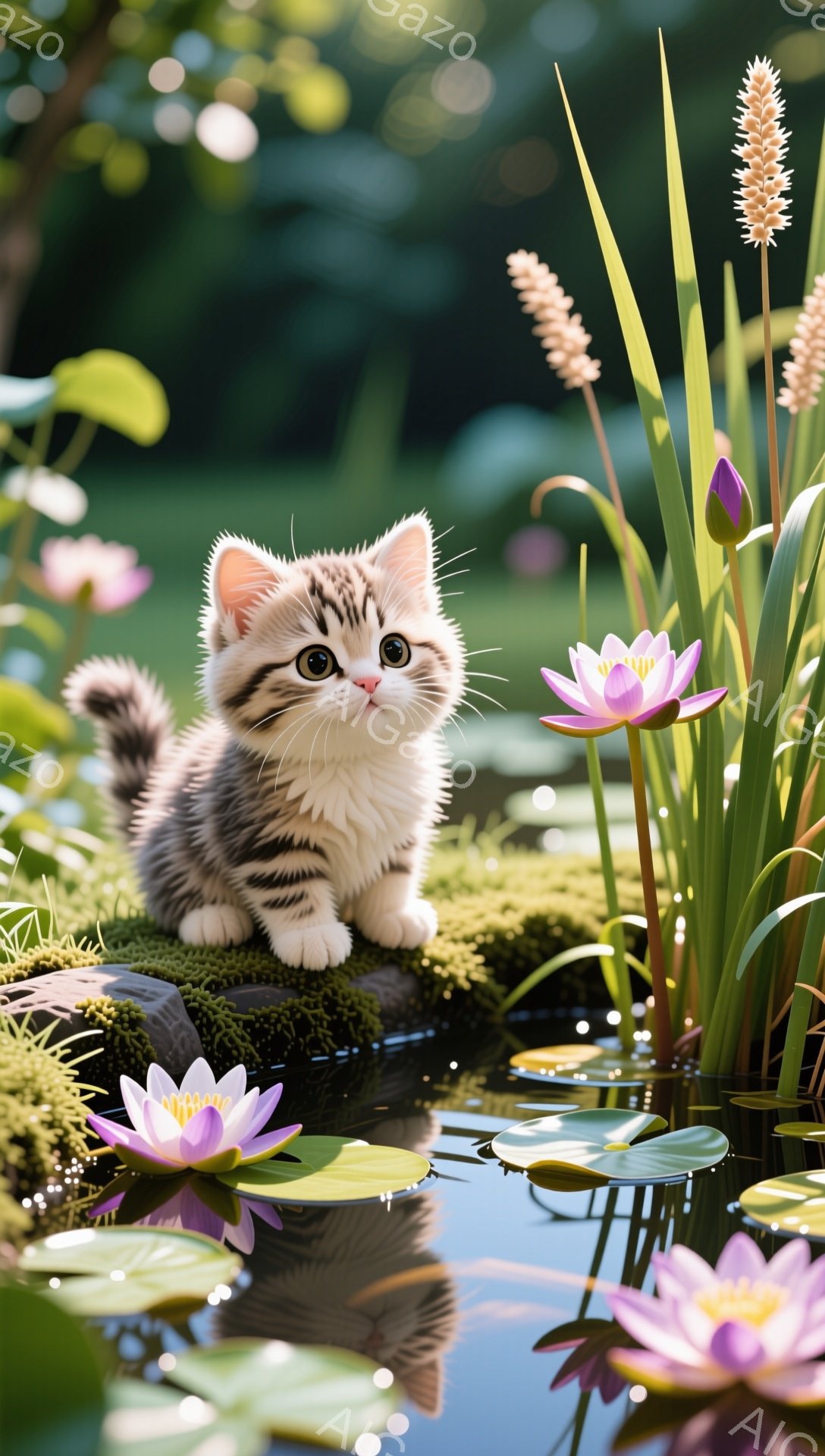 小さな縞模様の猫が緑の苔の上に座って、好奇心いっぱいの表情でこちらを見ている。背景にはピンクと白の蓮の花が咲き乱れ、水面に反射している。穏やかで夢幻的な雰囲気の風景だ。 - AI生成フリー素材