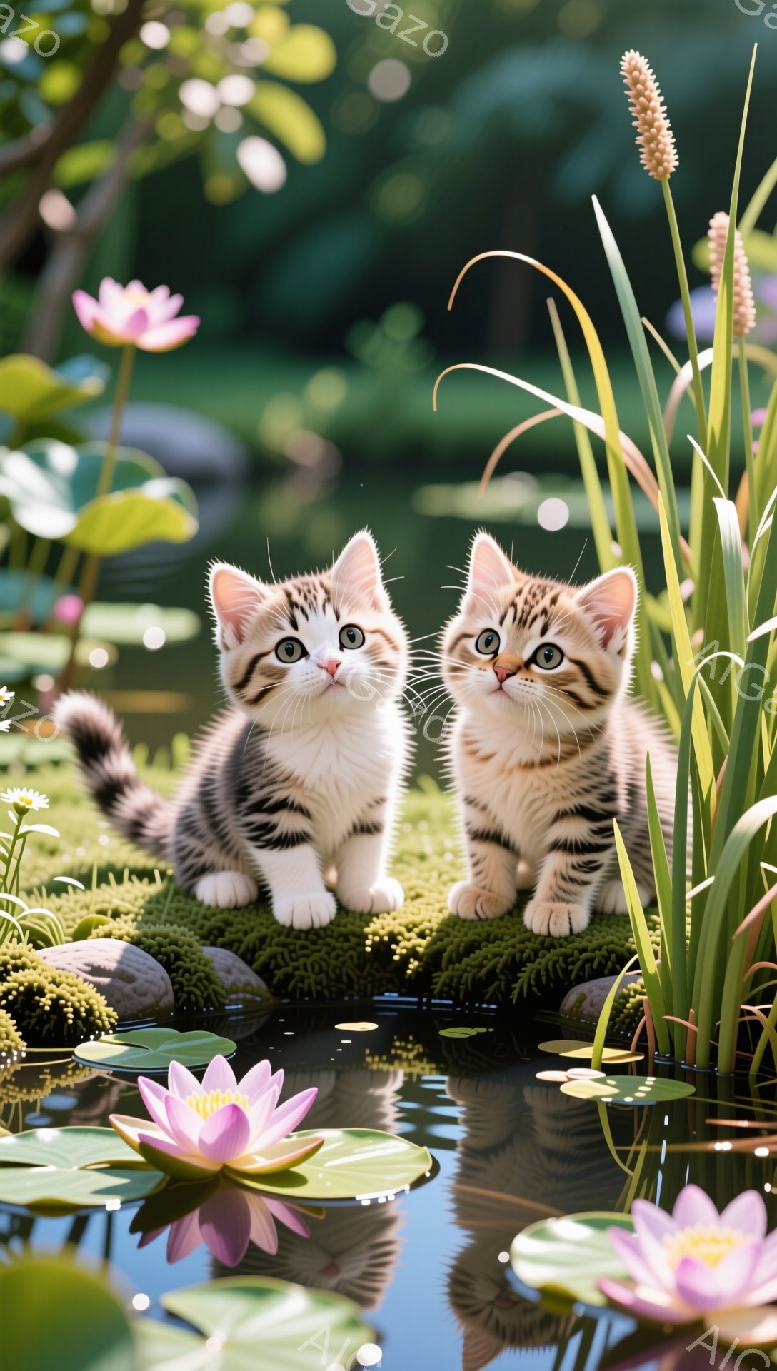 2匹の縞模様の子猫が、水辺の緑の岩の上に座ってこちらを見ています。周りにはピンク色の蓮の花が咲き、穏やかで柔らかな光が全体を包み込んでいます。水面には水鳥や花々の反射が見られ、静かで平和な雰囲気を醸し - AI生成フリー素材