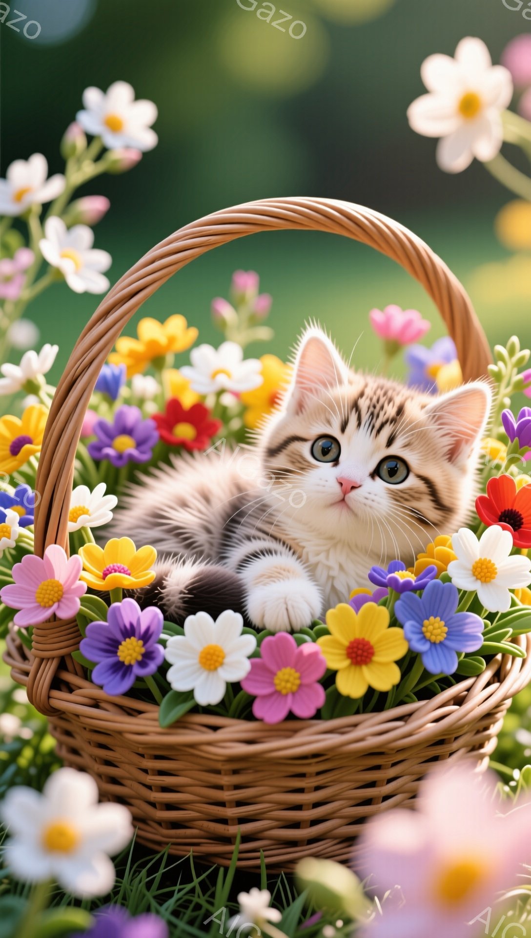 小さな子猫が花でいっぱいのバスケットの中に座っています。その猫は、縞模様の毛並みで、好奇心と無邪気さにあふれた表情をしています。背景には緑の草が広がり、暖かく優しい雰囲気を醸し出しています。 - AI生成フリー素材