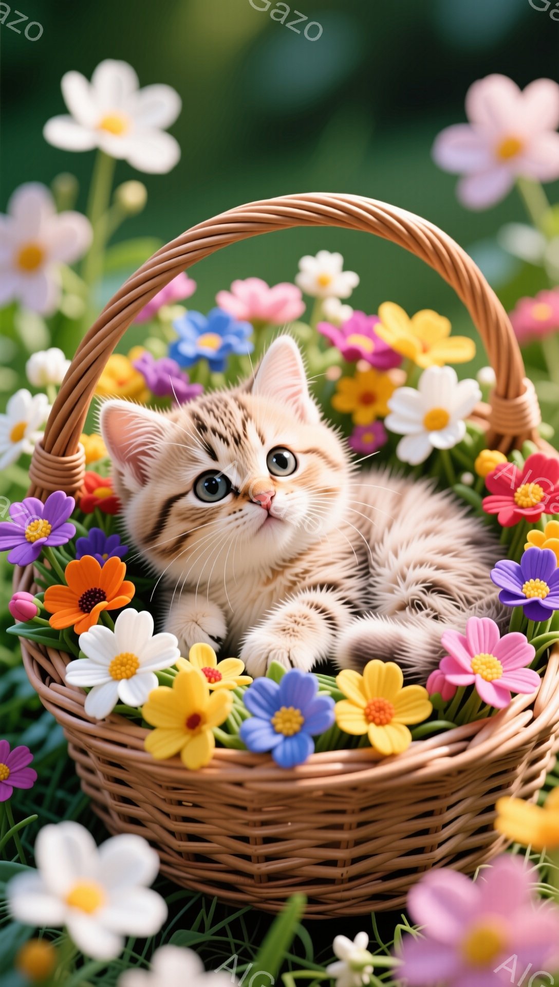 小さな子猫が花でいっぱいのバスケットに可愛らしく座っています。背景には、様々な色とりどりの花が咲き乱れ、春らしい温かい雰囲気を醸し出しています。猫の大きな目は好奇心と無邪気さを表現しており、見る人を魅了します。