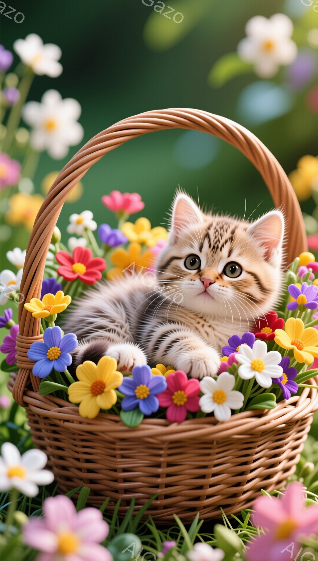 小さな縞模様の子猫が花でいっぱいのバスケットに丸まって座っています。背景は緑豊かな草と色とりどりの花で、春らしい暖かく穏やかな雰囲気です。子猫は好奇心と甘さにあふれた表情で、見ている人を魅了します。 - AI生成フリー素材