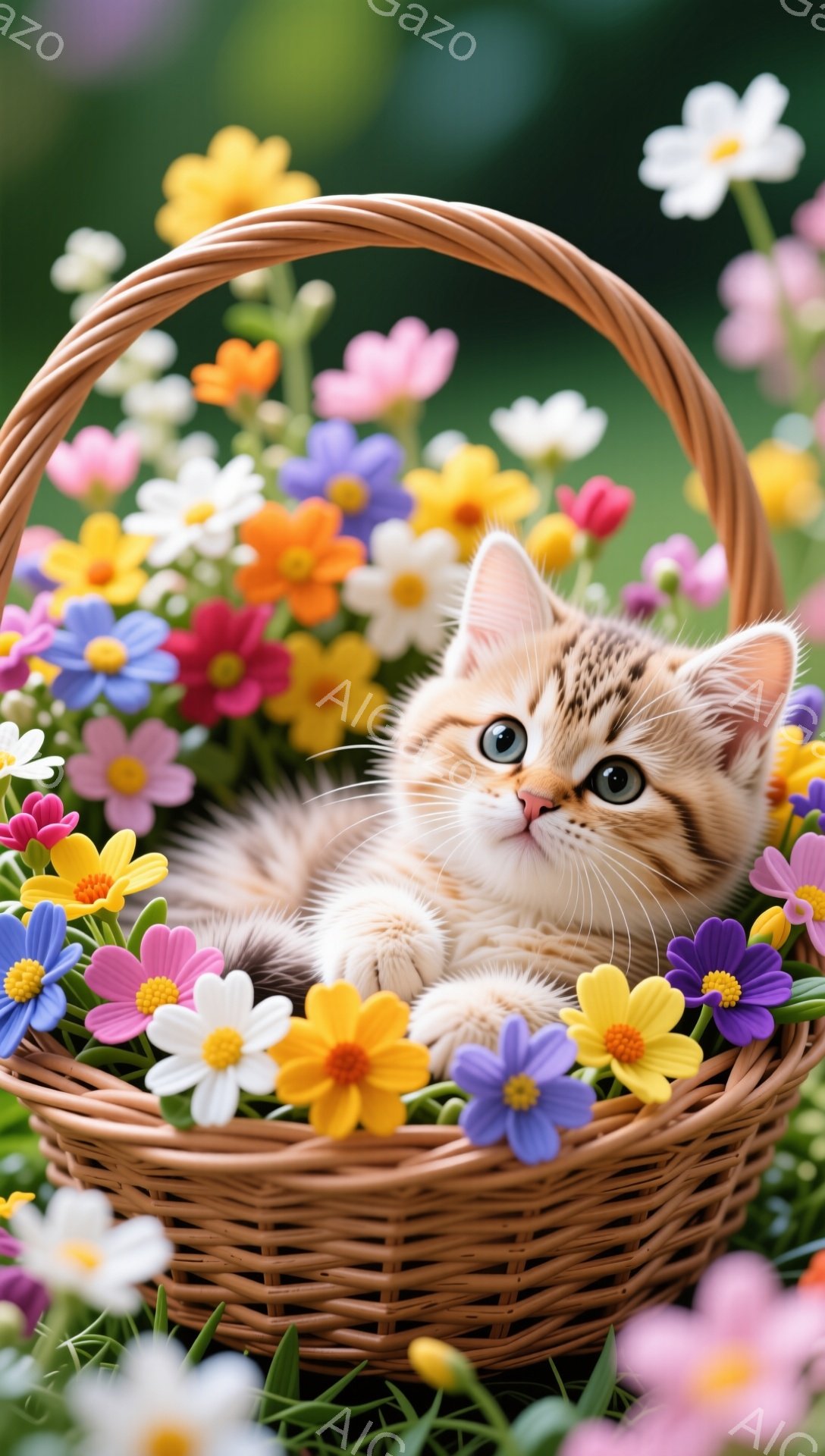 小さな子猫が花でいっぱいのバスケットに横たわっています。背景には鮮やかな緑の葉と様々な色の花が咲き乱れ、春の暖かく穏やかな雰囲気を醸し出しています。子猫は好奇心いっぱいの表情で、こちらを見つめています - AI生成フリー素材