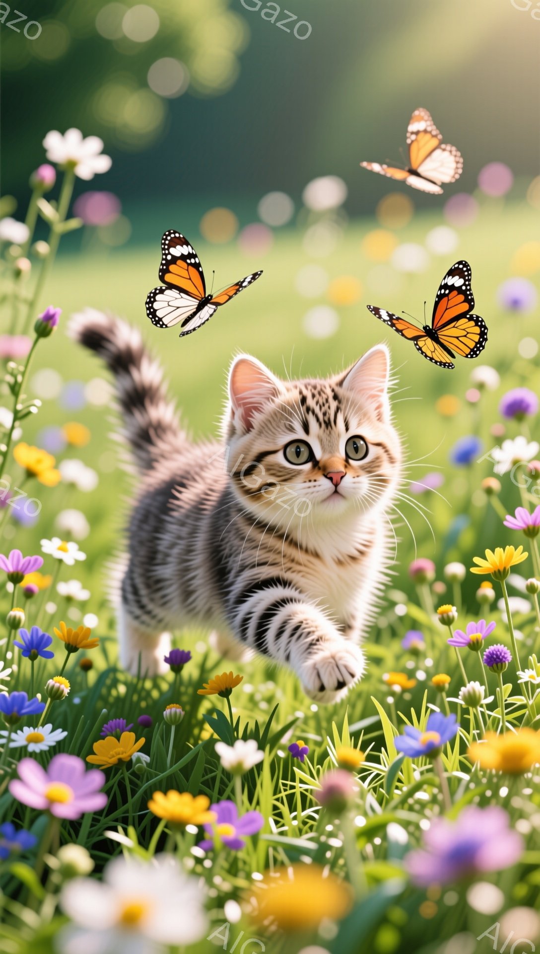 縞模様の小さな子猫が、色とりどりの野花が咲き乱れる草原を元気いっぱいに駆け抜けている。鮮やかな蝶が数匹、子猫の周りを舞い、その愛らしい姿をさらに引き立てている。背景はぼかされており、明るく穏やかな雰囲気が漂っている。