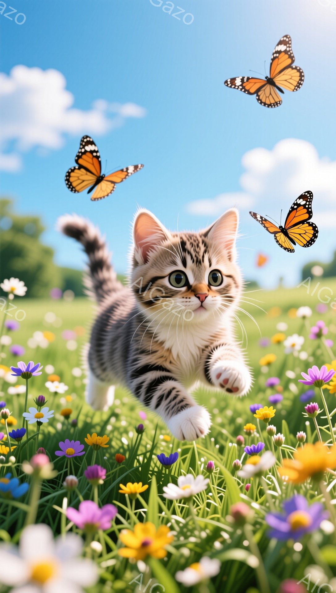 小さな縞模様の猫が花畑を駆け抜けている。周囲には色とりどりの花が咲き乱れ、鮮やかな蝶が舞っている。青空の下、猫は好奇心に満ちた表情で遊びを楽しんでいる。