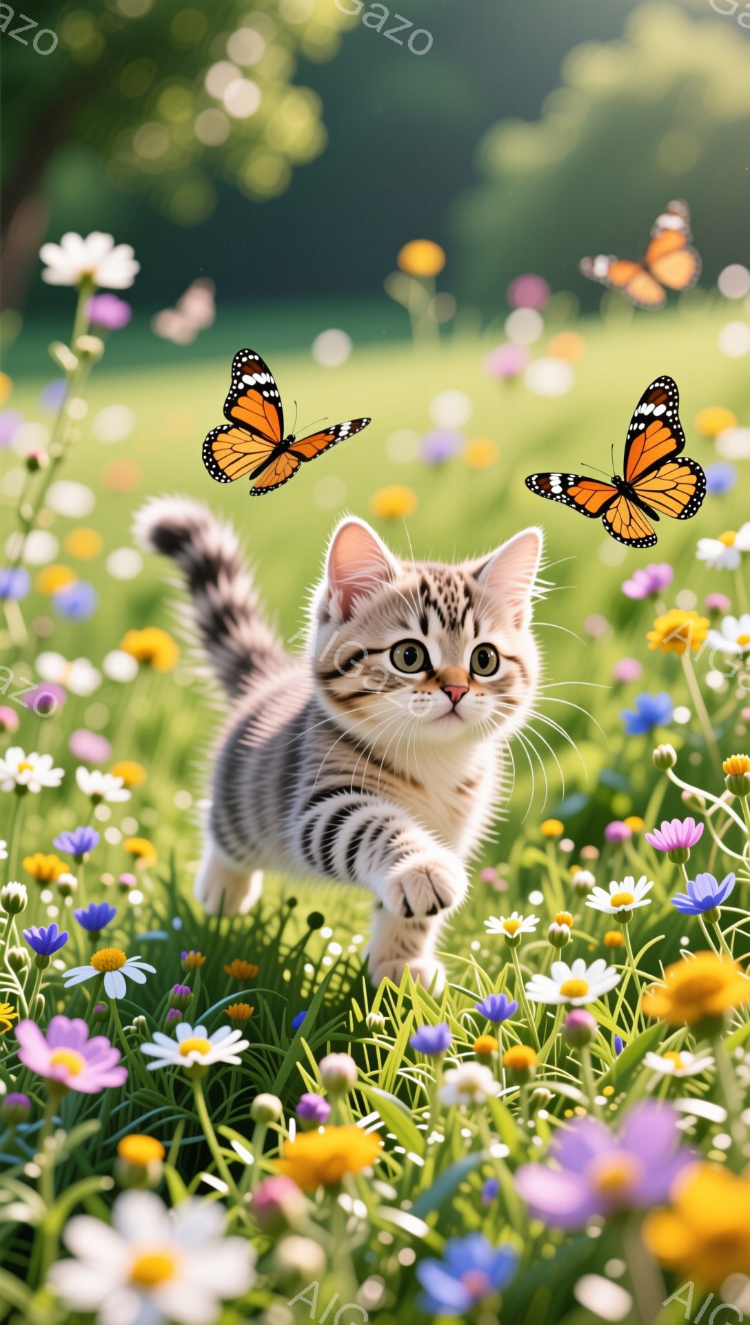 縞模様の小さな子猫が、色とりどりの花畑を元気に駆け抜けている。その周りには鮮やかな蝶が舞い、春らしい暖かく幸せな雰囲気を醸し出している。柔らかい光が差し込み、可愛らしい光景が目に飛び込んでくる。 - AI生成フリー素材