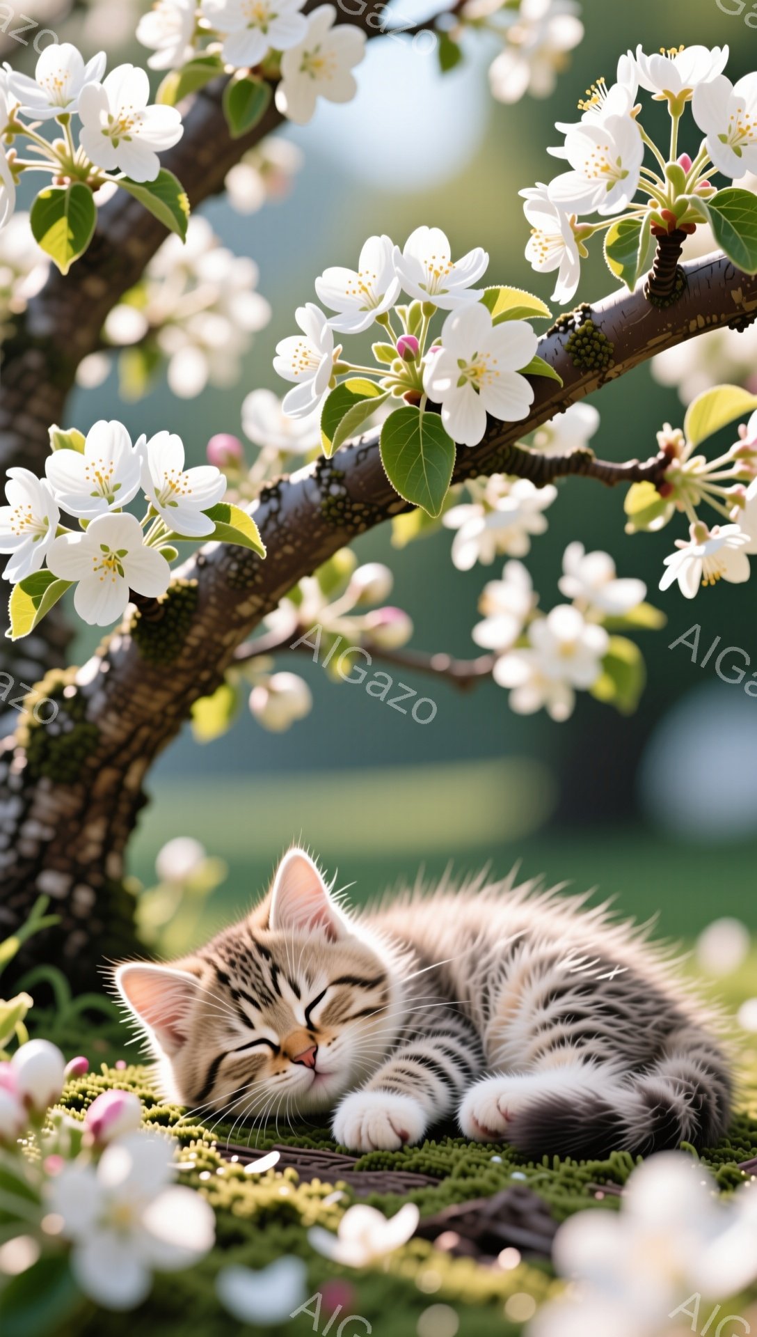 小柄な縞模様の子猫が緑の苔の上に丸まって眠っています。桜の枝が頭上に広がり、白い花びらが降り注ぎ、穏やかで平和な雰囲気を作り出しています。春の暖かさと安らぎを感じさせる光景です。 - AI生成フリー素材
