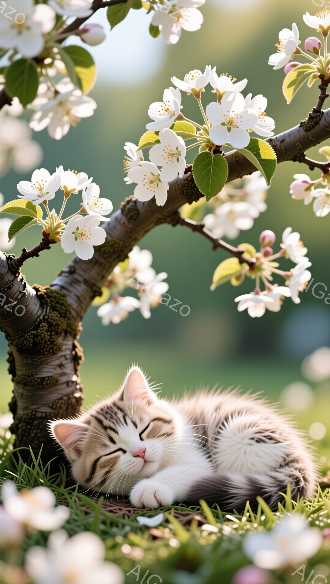 小柄な子猫が桜の木の枝に沿って丸まって眠っています。 周りにはピンク色の花びらが舞い、柔らかい春の光が降り注いでいます。暖かく穏やかな雰囲気の、とても可愛らしい光景です。