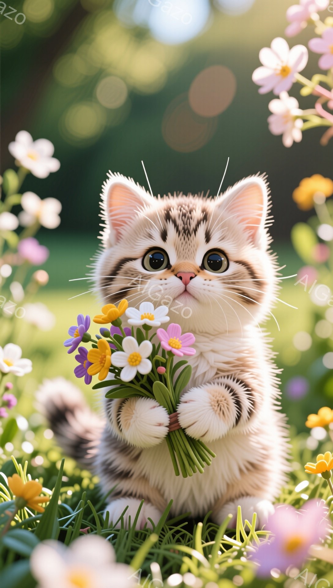 小さな子猫が花束を抱え、緑豊かな草原に座っています。優しい日差しが降り注ぎ、周りには色とりどりの花が咲き乱れています。その愛らしい姿は、春の暖かさと幸福感を漂わせています。 - AI生成フリー素材