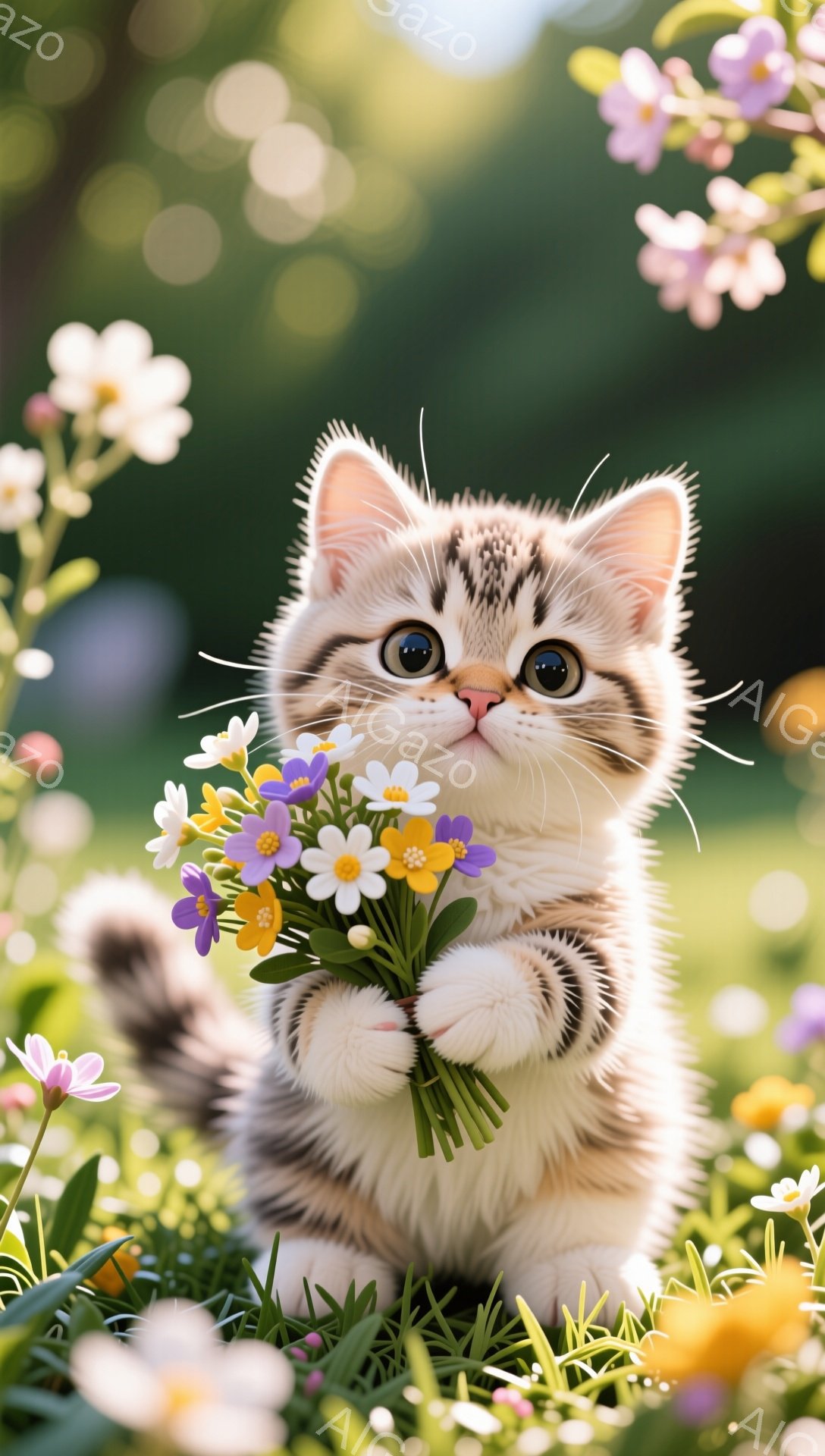 小さな子猫が花束を抱えて座っています。緑豊かな草原の中にいて、背景にはぼやけた花が咲き乱れています。子猫は大きな目で見つめ、可愛らしい表情をしています。 - AI生成フリー素材