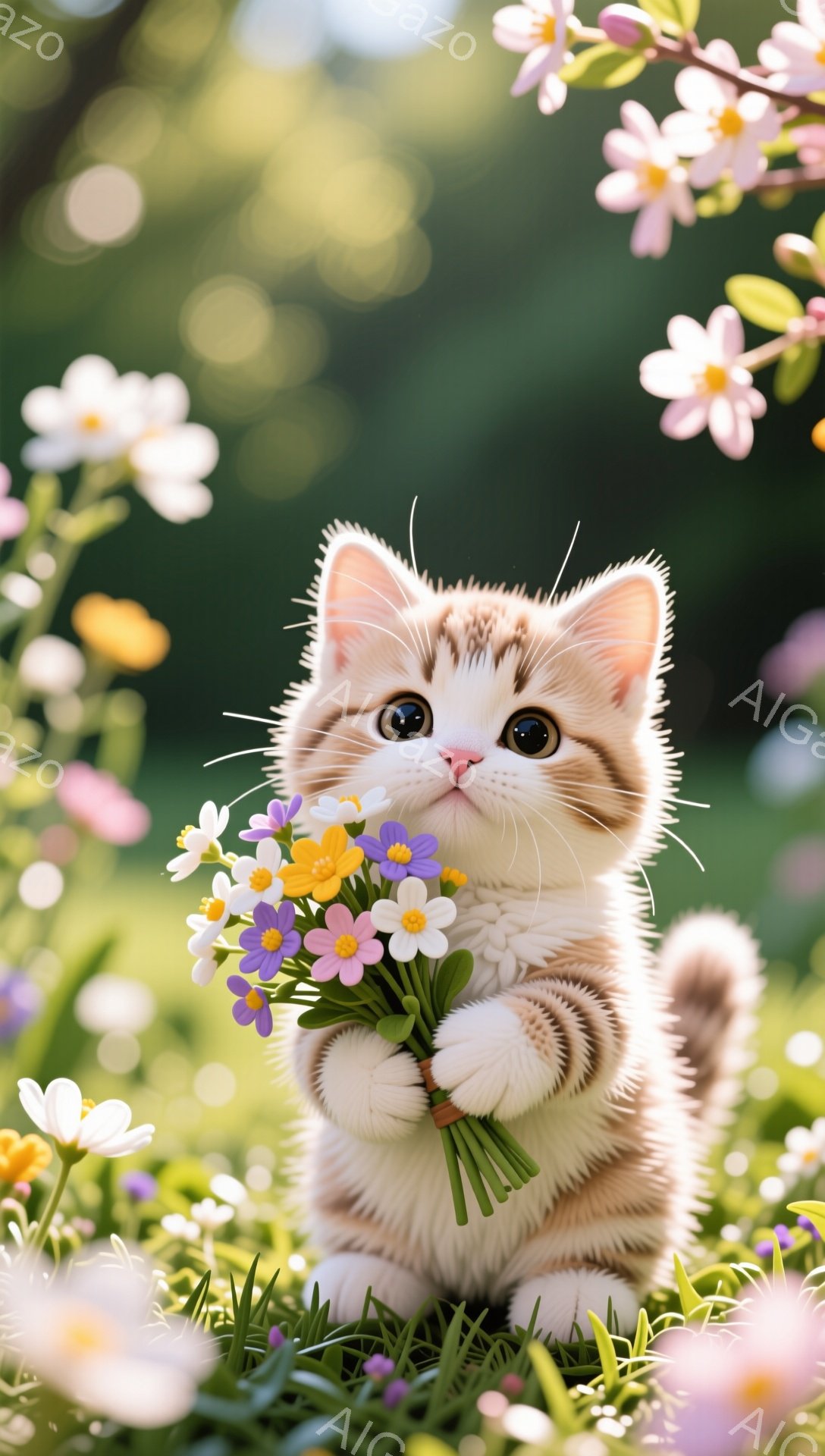 白と茶色の縞模様の小さな子猫が、手の中に色とりどりの花束を抱えています。緑豊かな草の上で座り、大きな瞳でこちらを見つめており、愛らしい表情をしています。背景にはぼやけた花が咲き乱れ、春の暖かく優しい雰 - AI生成フリー素材
