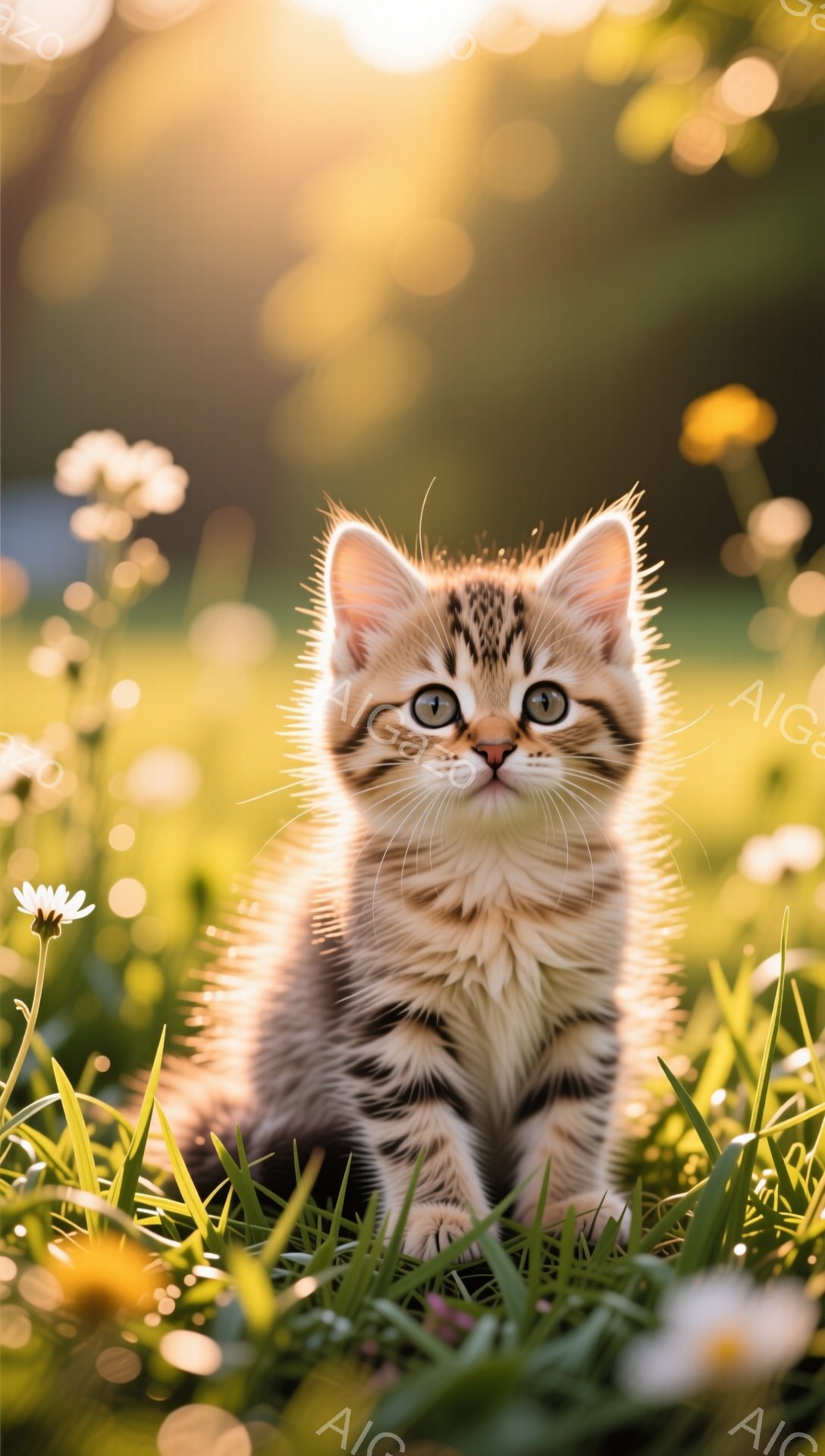 緑豊かな草むらの中に、子猫が座ってこちらを見つめている。子猫は茶色と白の縞模様で、ふわふわの毛並みを持っている。背景にはぼやけた花が咲き乱れ、暖かい日差しが降り注いでいる。 - AI生成フリー素材