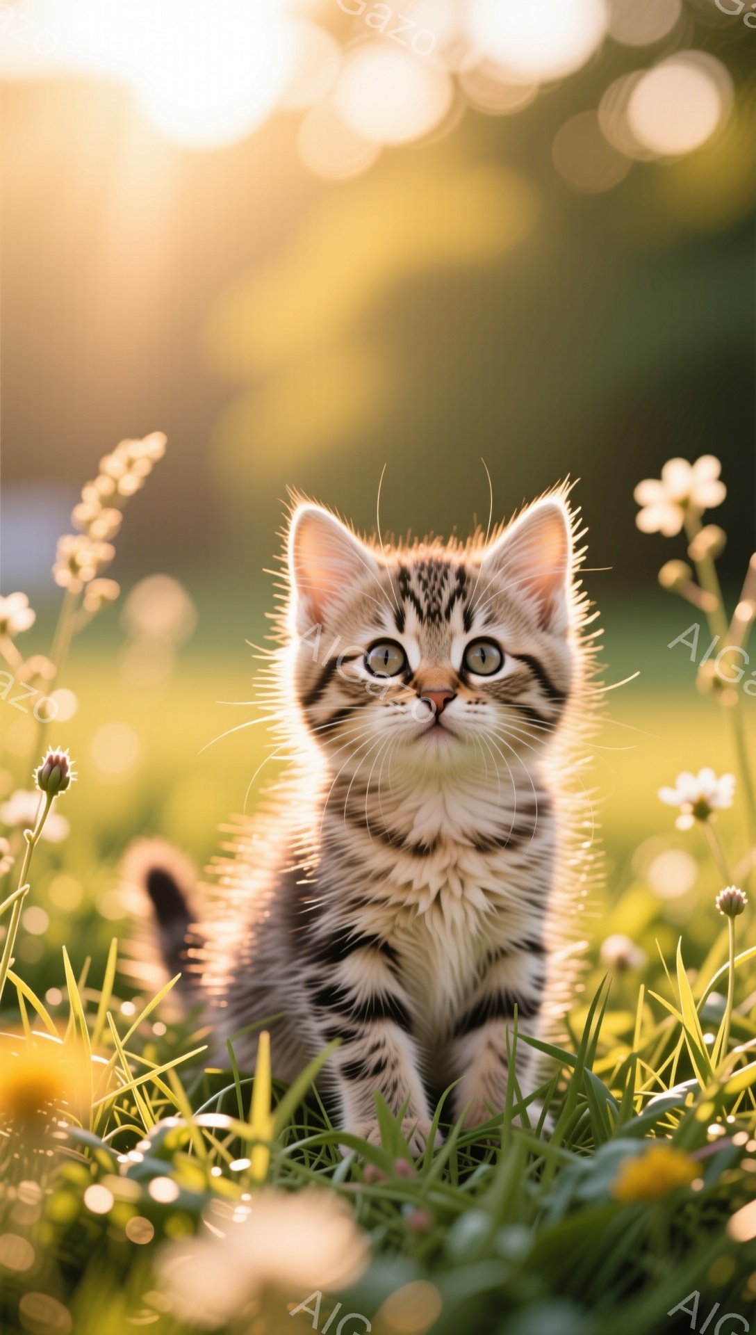 緑豊かな草むらに、縞模様の小さな子猫が座っています。澄んだ瞳でこちらを見つめ、好奇心と無邪気さが感じられます。背景には、ぼやけた花々が咲き乱れ、暖かい日差しが降り注いでいます。 - AI生成フリー素材