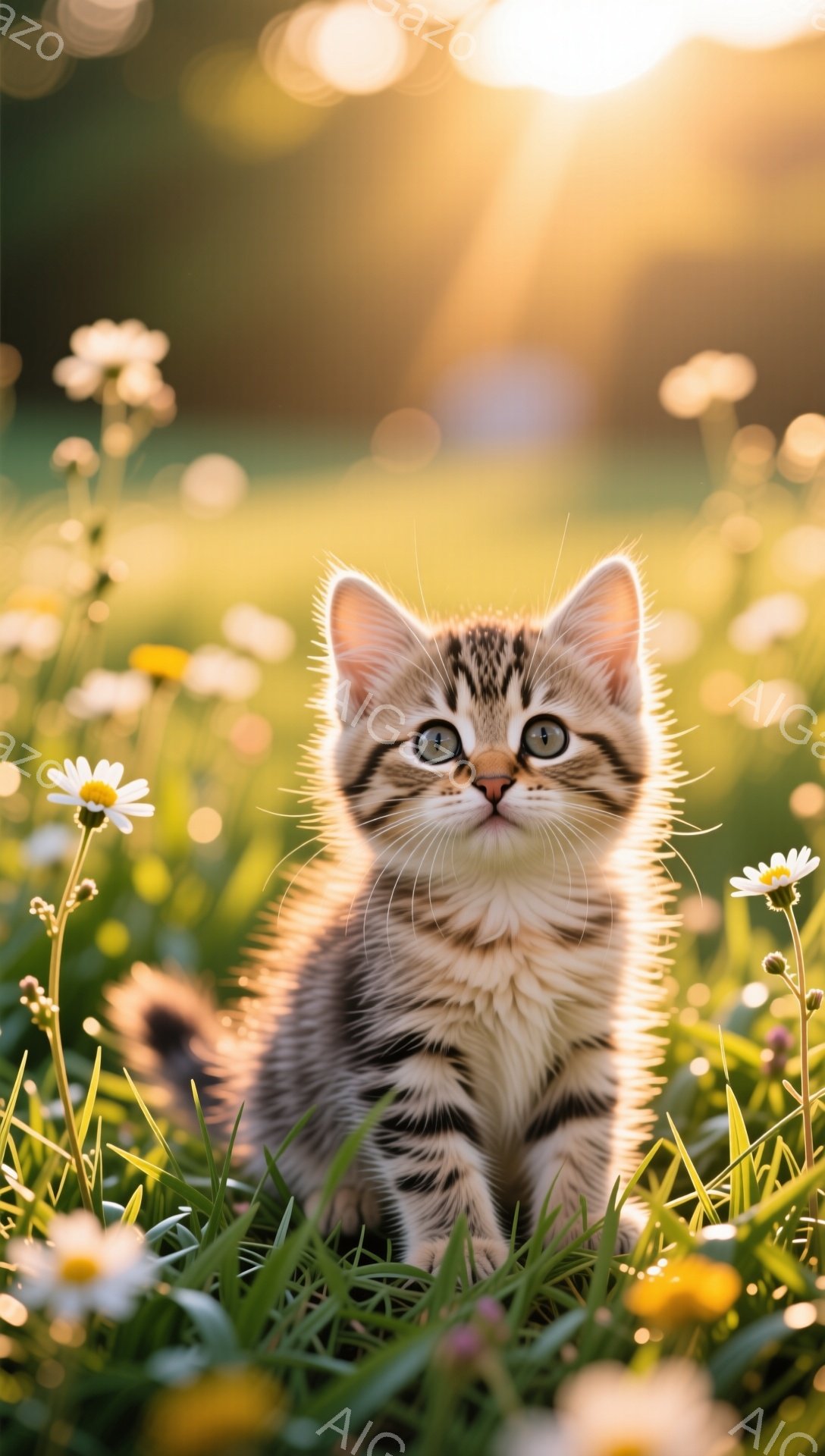 緑豊かな草むらの中に、縞模様の可愛らしい子猫が座っています。太陽の光が子猫を照らし、柔らかい雰囲気を醸し出しています。周りには白い小さな花が咲き誇り、春の暖かさを感じさせます。 - AI生成フリー素材