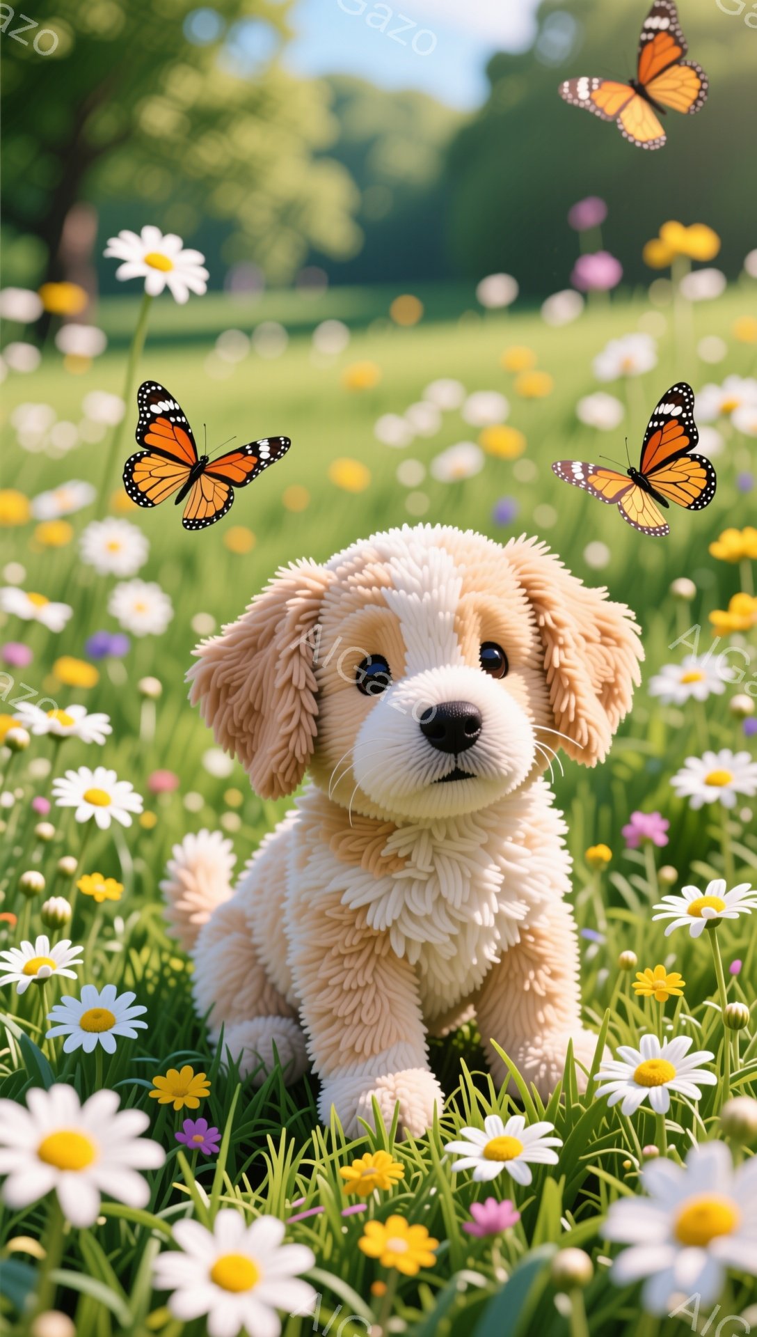 ふわふわの茶色の仔犬が、たくさんの花が咲く草原の中にいます。仔犬は前足を伸ばし、おとなしく座って見つめています。蝶が数匹、仔犬の周りを舞い、平和で優しい雰囲気を醸し出しています。 - AI生成フリー素材