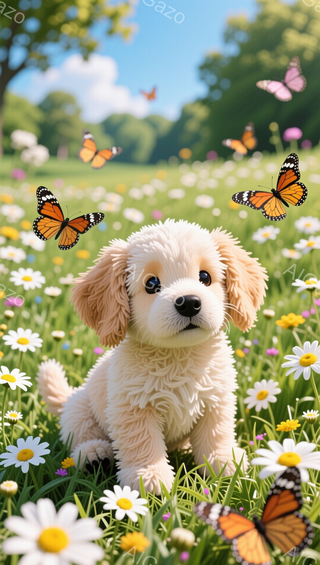 小さなクリーム色の子犬が花畑の中で遊んでいます。周りにはたくさんの白いデイジーとオレンジ色の蝶が飛び交い、春の暖かな日差しを感じさせます。子犬は可愛らしい表情で、好奇心いっぱいの眼差しでこちらを見つめています。