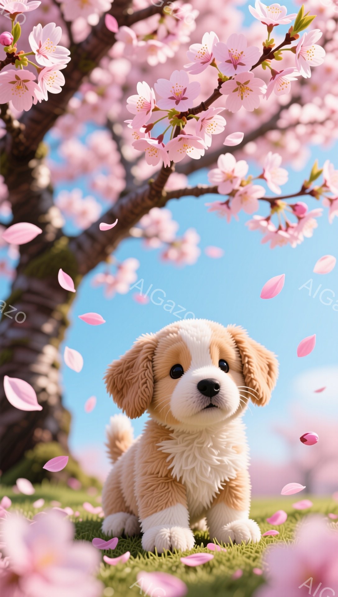 春の桜の木の下で、ふわふわの茶色のパピーが立っています。パピーはとても愛らしく、見ていると心が温かくなります。背景にはピンク色の桜の花びらが舞い、春の穏やかな雰囲気を醸し出しています。