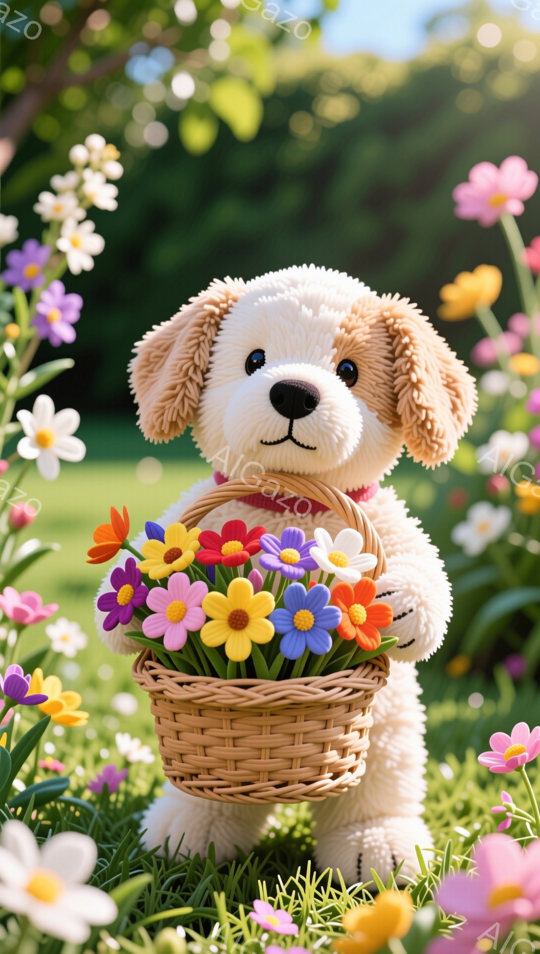 ふわふわのクリーム色の犬のぬいぐるみは、花でいっぱいのバスケットを抱えています。周りには色とりどりの花が咲き乱れ、春らしい暖かく穏やかな雰囲気が漂っています。ピンクの小さなリボンをつけており、可愛らし - AI生成フリー素材